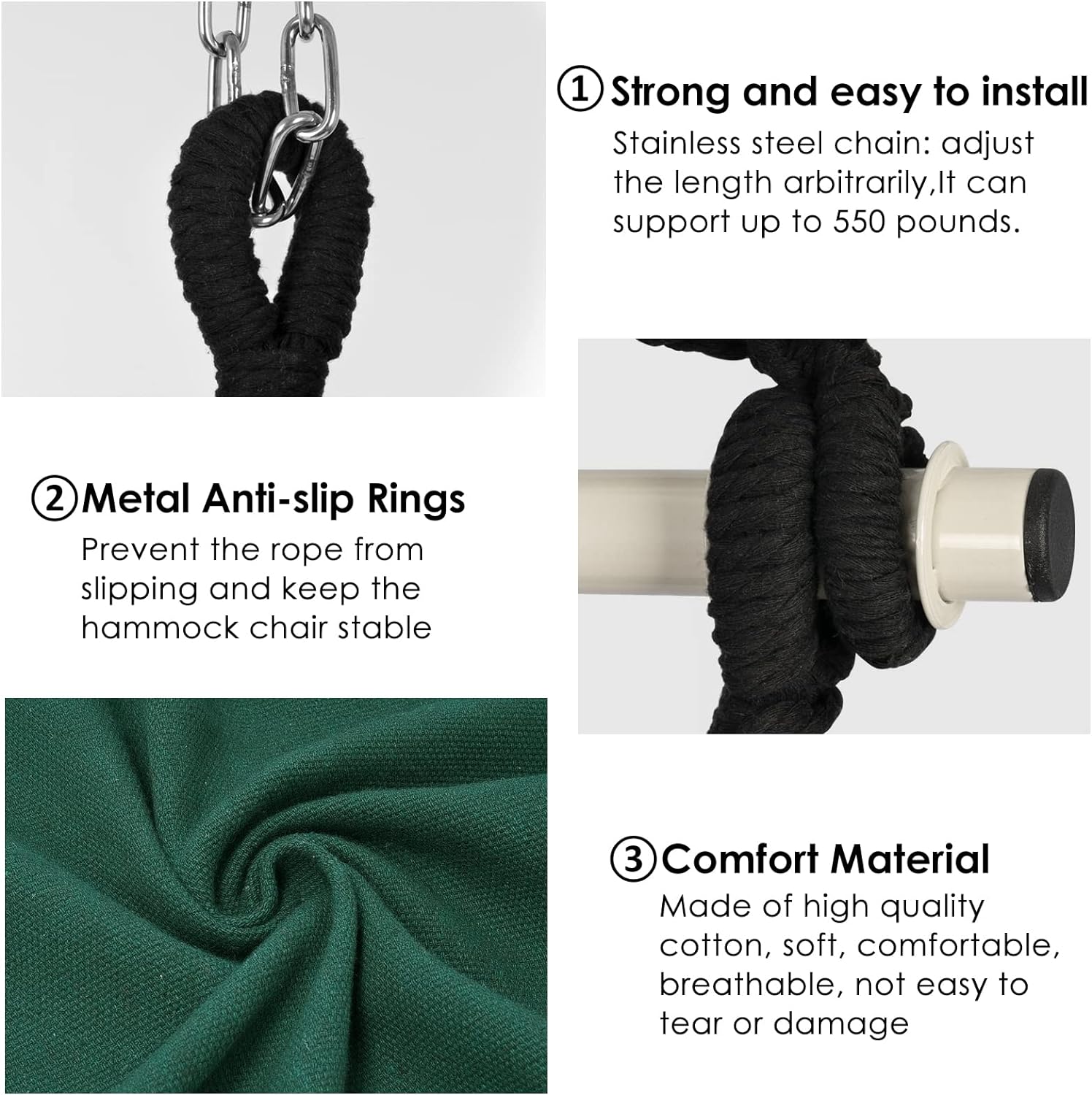 Hammock Chair Hanging Rope Swing, Max 500 Lbs