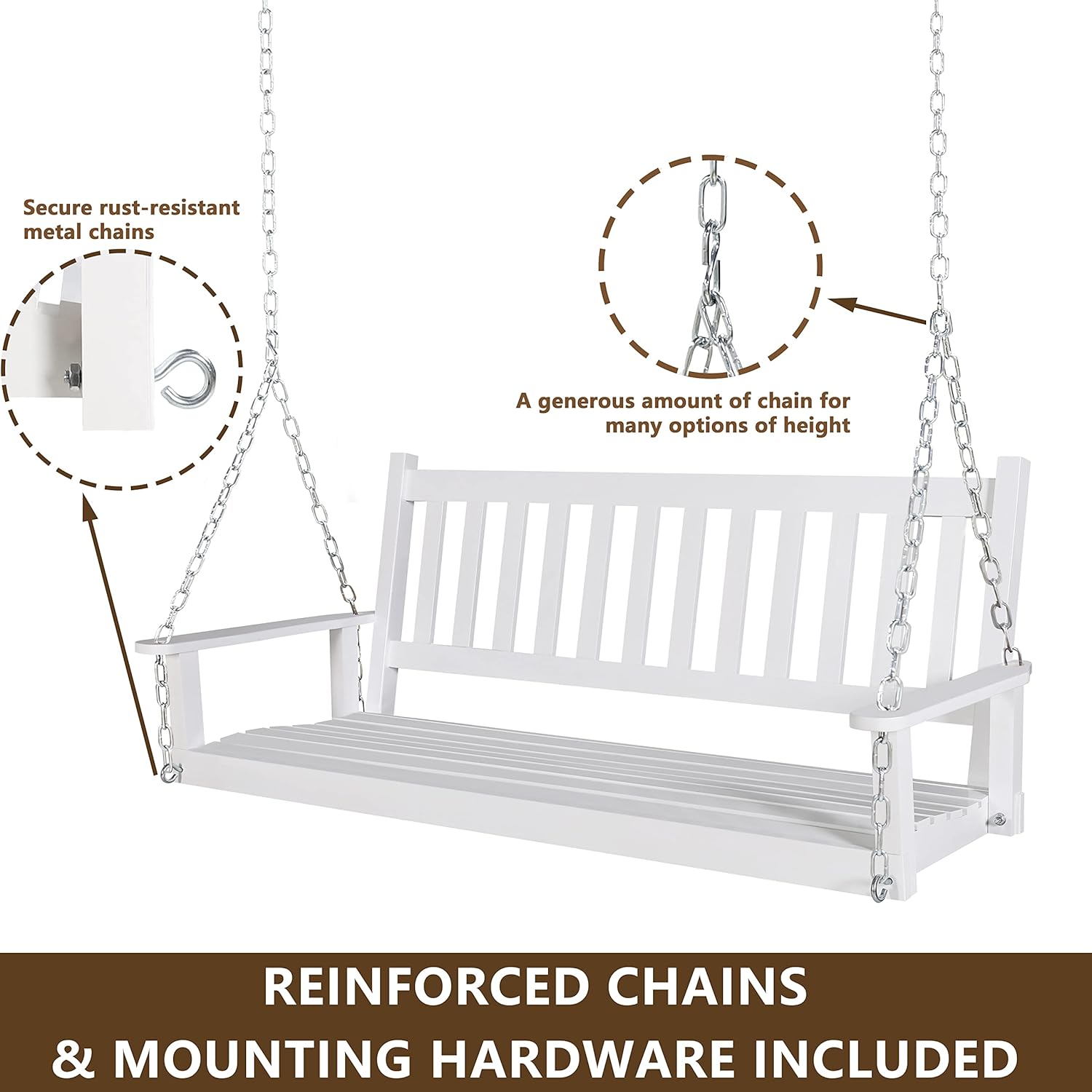 Outdoor Patio Hanging Wooden Porch Swing 5FT with Chains, 3-Person Heavy Duty Swing Bench for Garden and Backyard, White