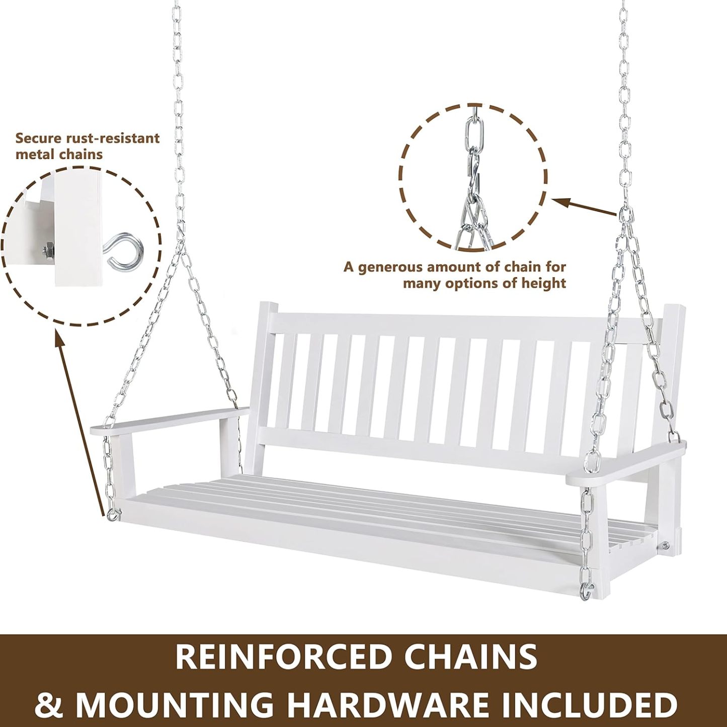 Outdoor Patio Hanging Wooden Porch Swing 5FT with Chains, 3-Person Heavy Duty Swing Bench for Garden and Backyard, White