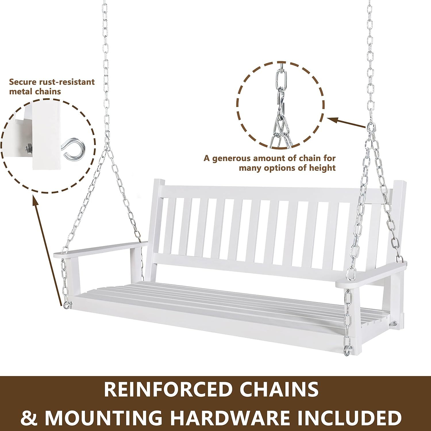 Outdoor Patio Hanging Wooden Porch Swing 5FT with Chains, 3-Person Heavy Duty Swing Bench for Garden and Backyard, White
