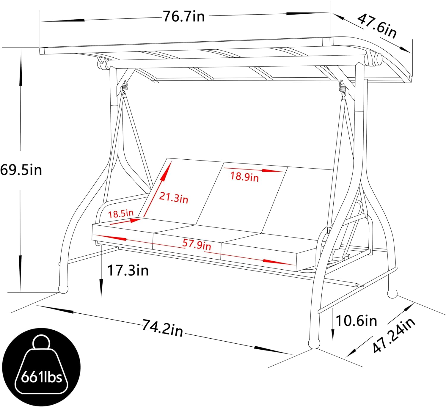 3-Seat Porch Swing,Outdoor Patio Swing with Adjustable PVC Hardtop Canopy, 2-in-1 Swing Chair Bench with Cushion for Backyard, Garden, Lawn, Grey