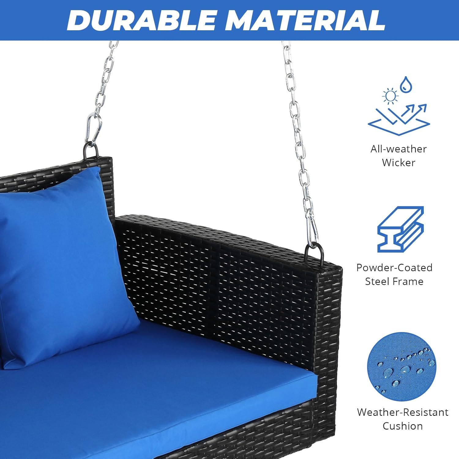 4FT 2-Seat Outdoor Rattan Wicker Porch Swing Chair with 2 Blue Cushions, Pillow, and Adjustable Chains, Hanging Bench for Patio, Yard, Garden, Balcony, Deck Holds Up to 800 lbs