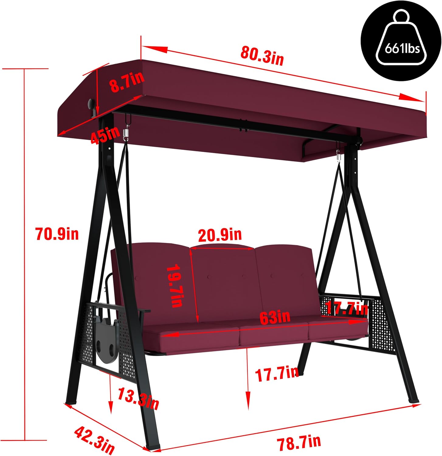 Patio Porch Swing Chair with Canopy, 3-Person Outdoor Canopy Swing Glider with Stand, Cushions and Side Table for Outside, 2-in-1 Swing Chair Bench with Cushion for Backyard,Wine Red