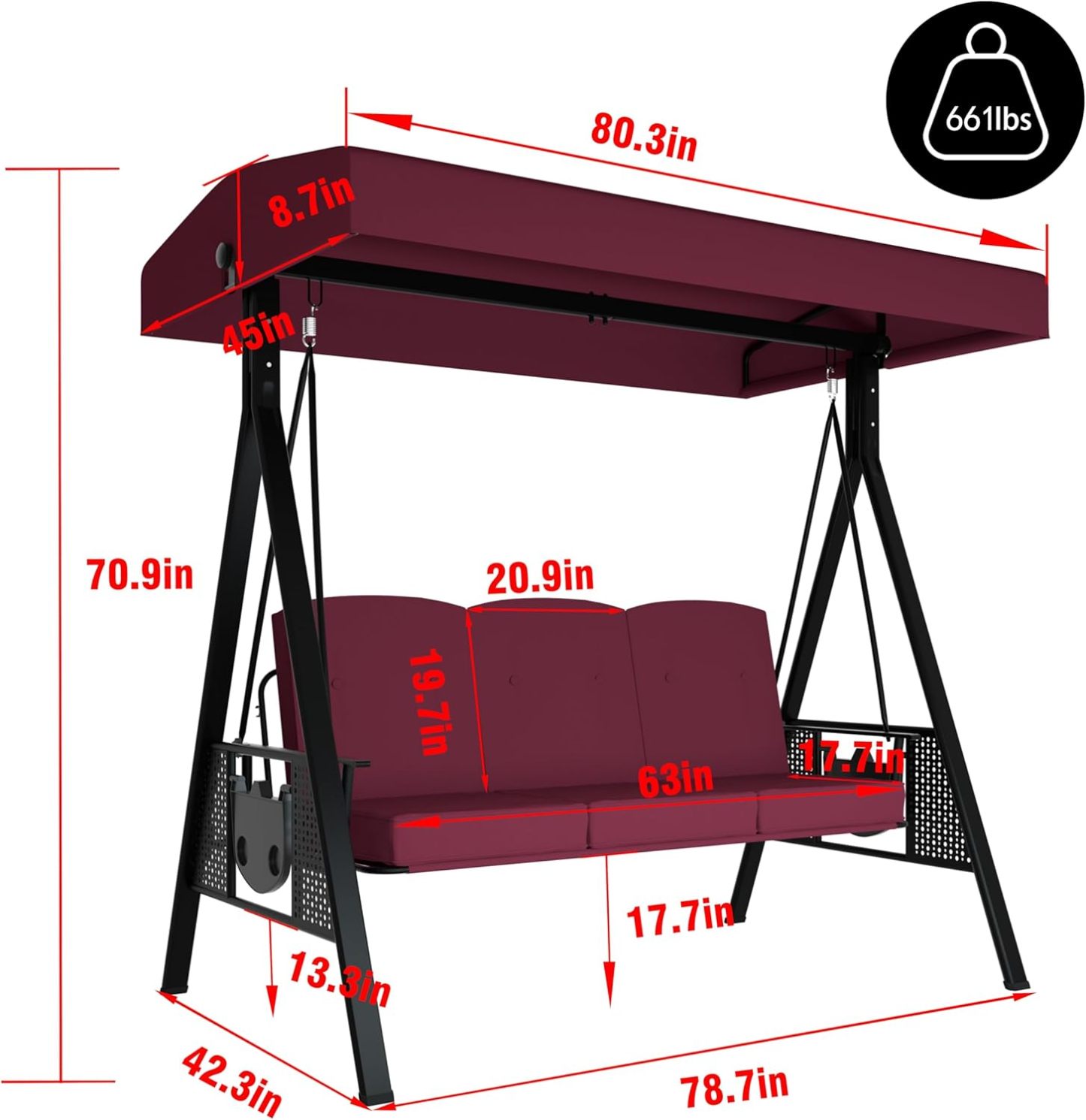 Patio Porch Swing Chair with Canopy, 3-Person Outdoor Canopy Swing Glider with Stand, Cushions and Side Table for Outside, 2-in-1 Swing Chair Bench with Cushion for Backyard,Wine Red