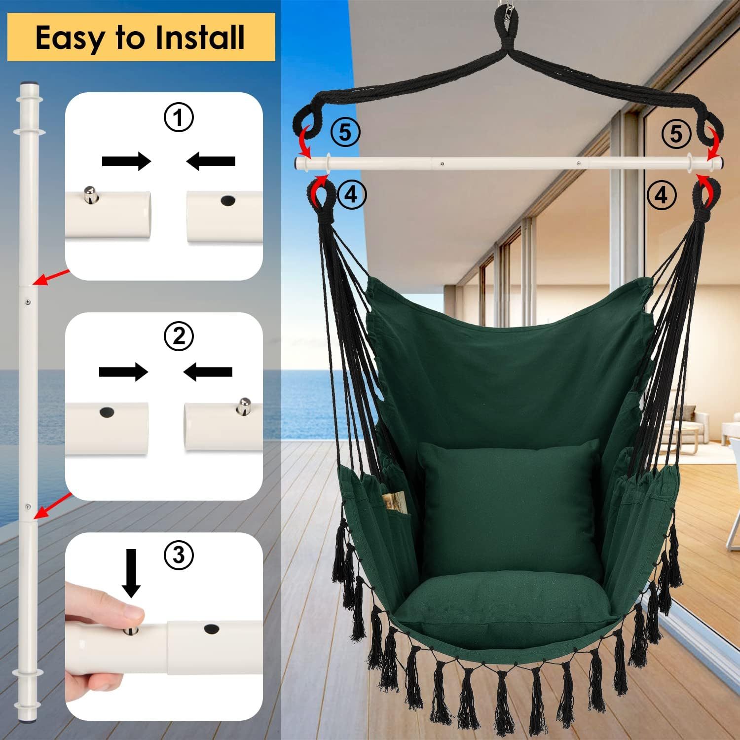 Hammock Chair Hanging Rope Swing, Max 500 Lbs