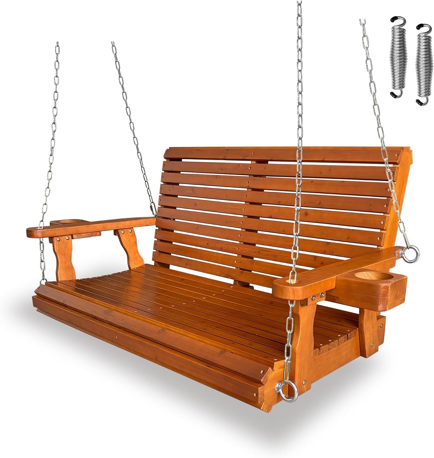 Wooden Porch Swing 2-Seater, High Backrest and Deep Seat, Bench Swing with Cupholders, Hanging Chains and 7mm Springs, Heavy Duty 880 LBS