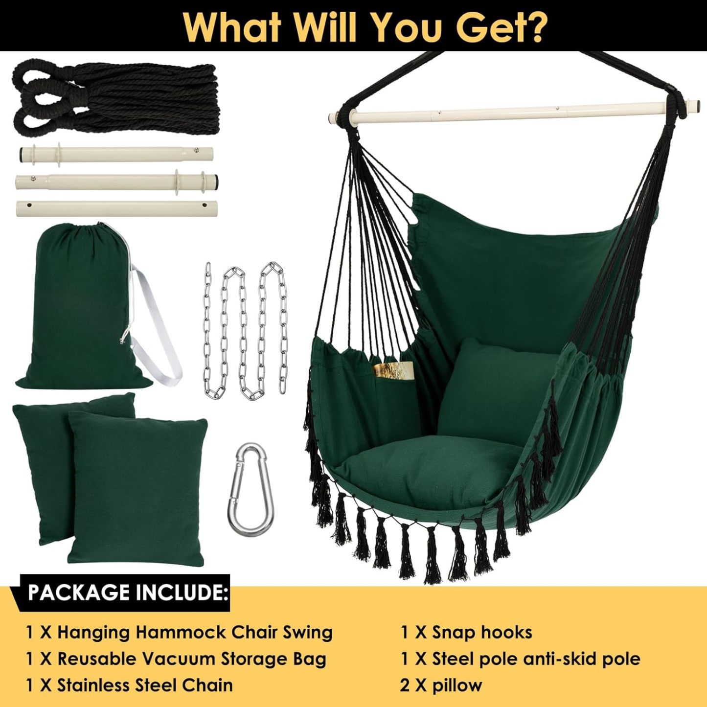 Hammock Chair Hanging Rope Swing, Max 500 Lbs