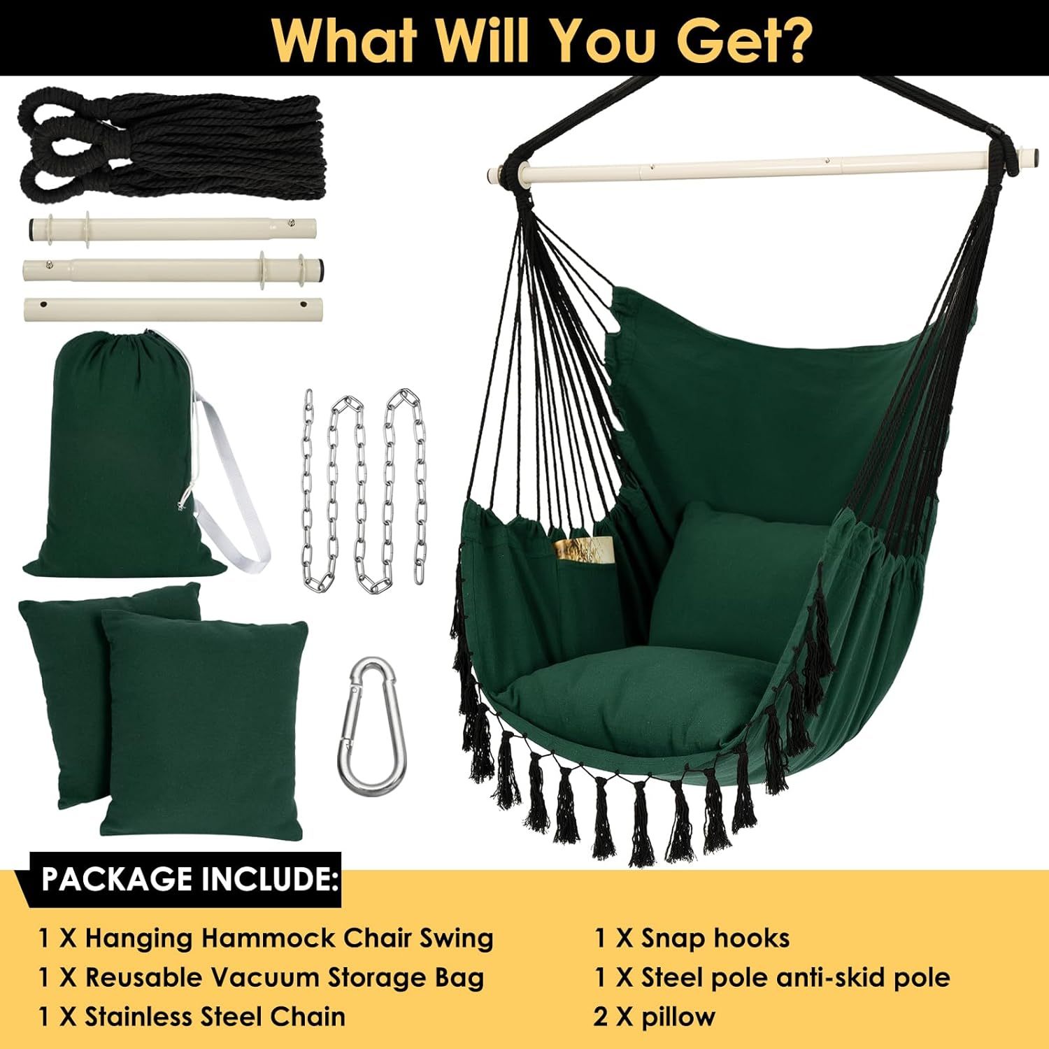 Hammock Chair Hanging Rope Swing, Max 500 Lbs