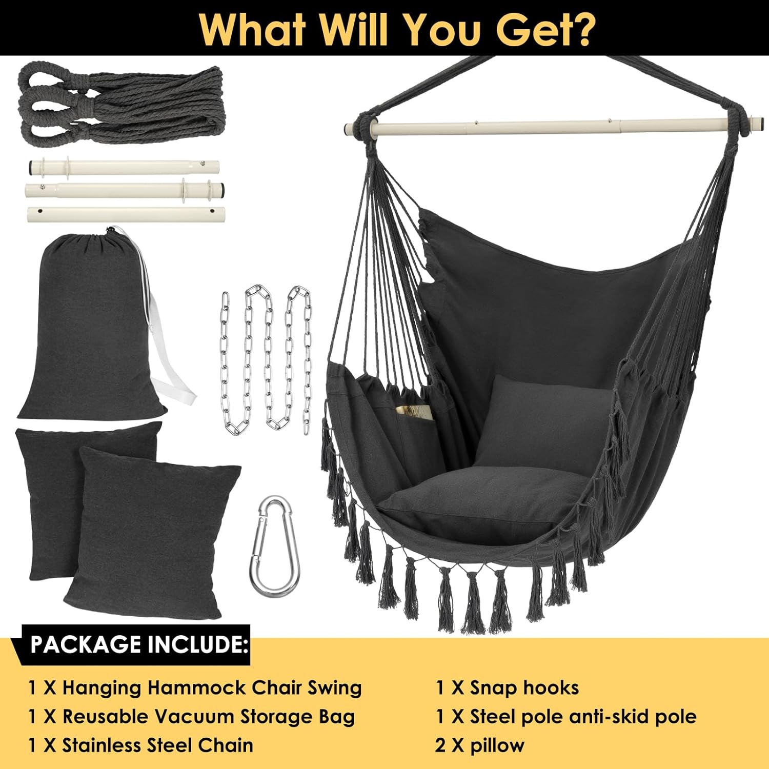 Hammock Chair Hanging Rope Swing, Max 500 Lbs