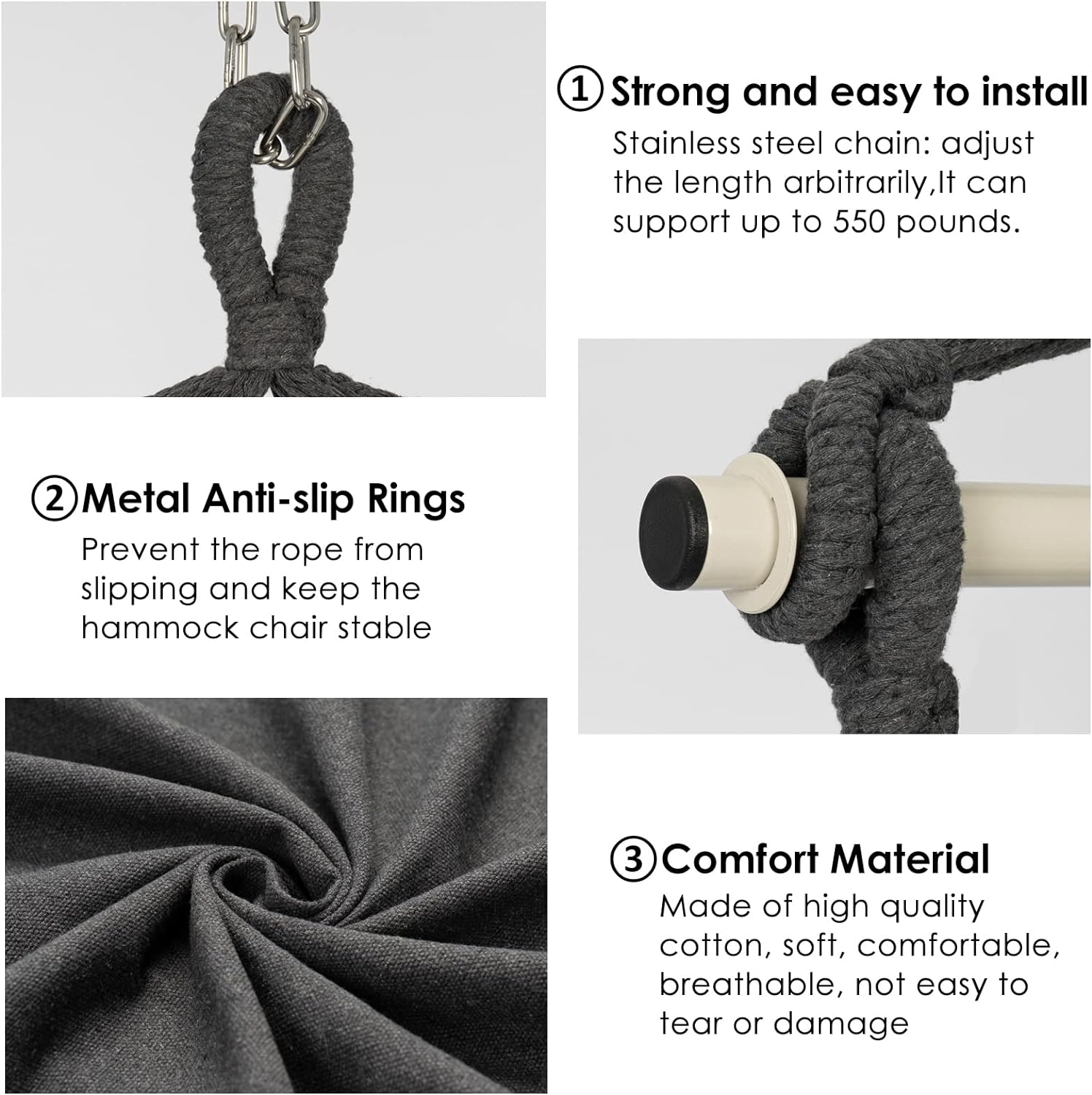 Hammock Chair Hanging Rope Swing, Max 500 Lbs