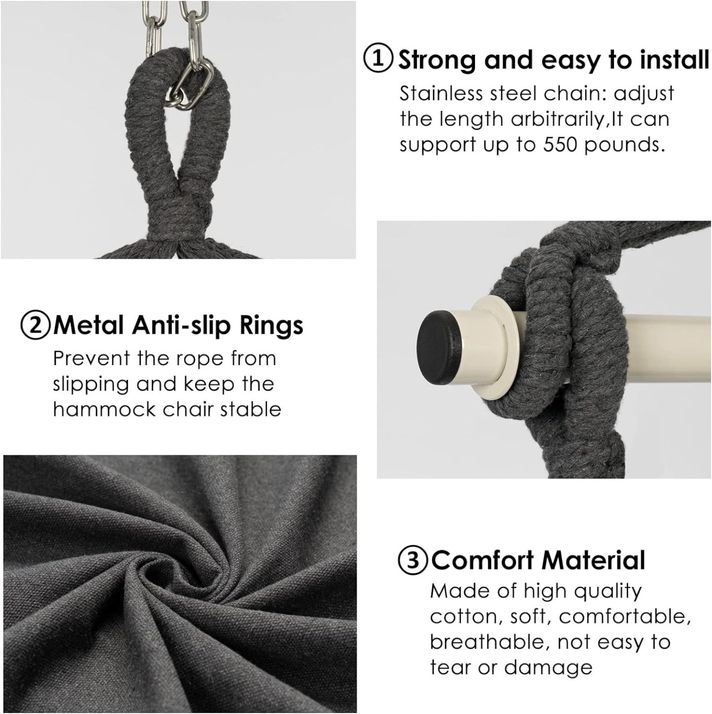 Hammock Chair Hanging Rope Swing, Max 500 Lbs