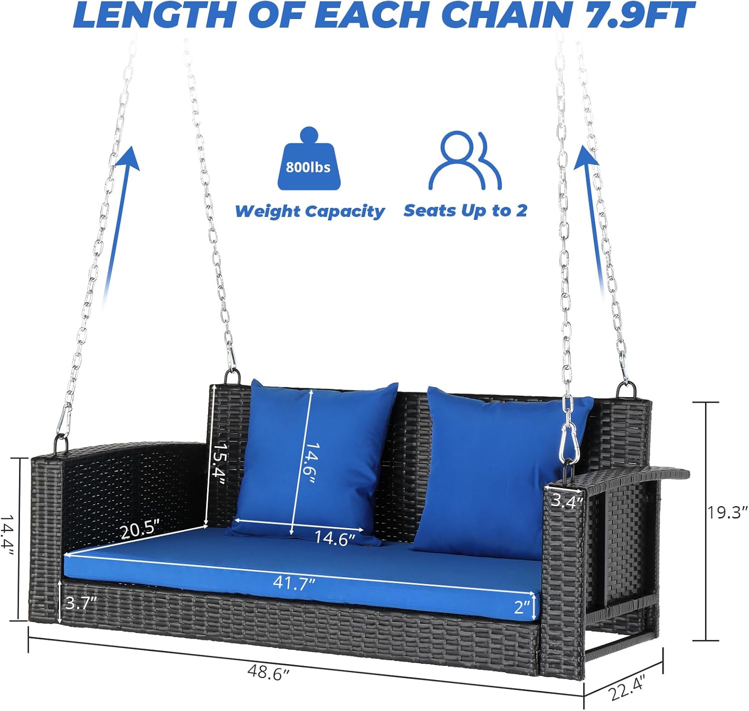 4FT 2-Seat Outdoor Rattan Wicker Porch Swing Chair with 2 Blue Cushions, Pillow, and Adjustable Chains, Hanging Bench for Patio, Yard, Garden, Balcony, Deck Holds Up to 800 lbs