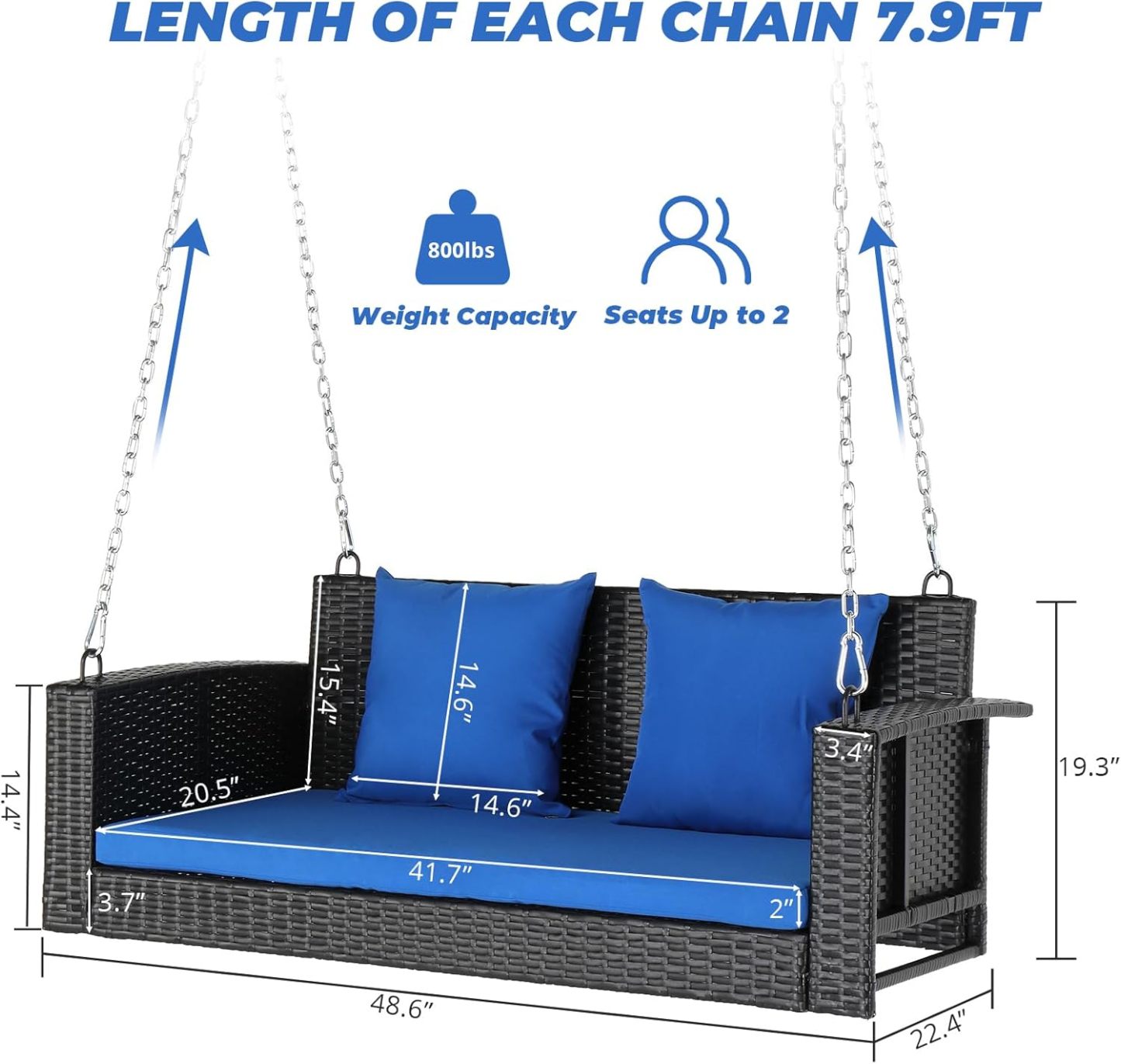 4FT 2-Seat Outdoor Rattan Wicker Porch Swing Chair with 2 Blue Cushions, Pillow, and Adjustable Chains, Hanging Bench for Patio, Yard, Garden, Balcony, Deck Holds Up to 800 lbs