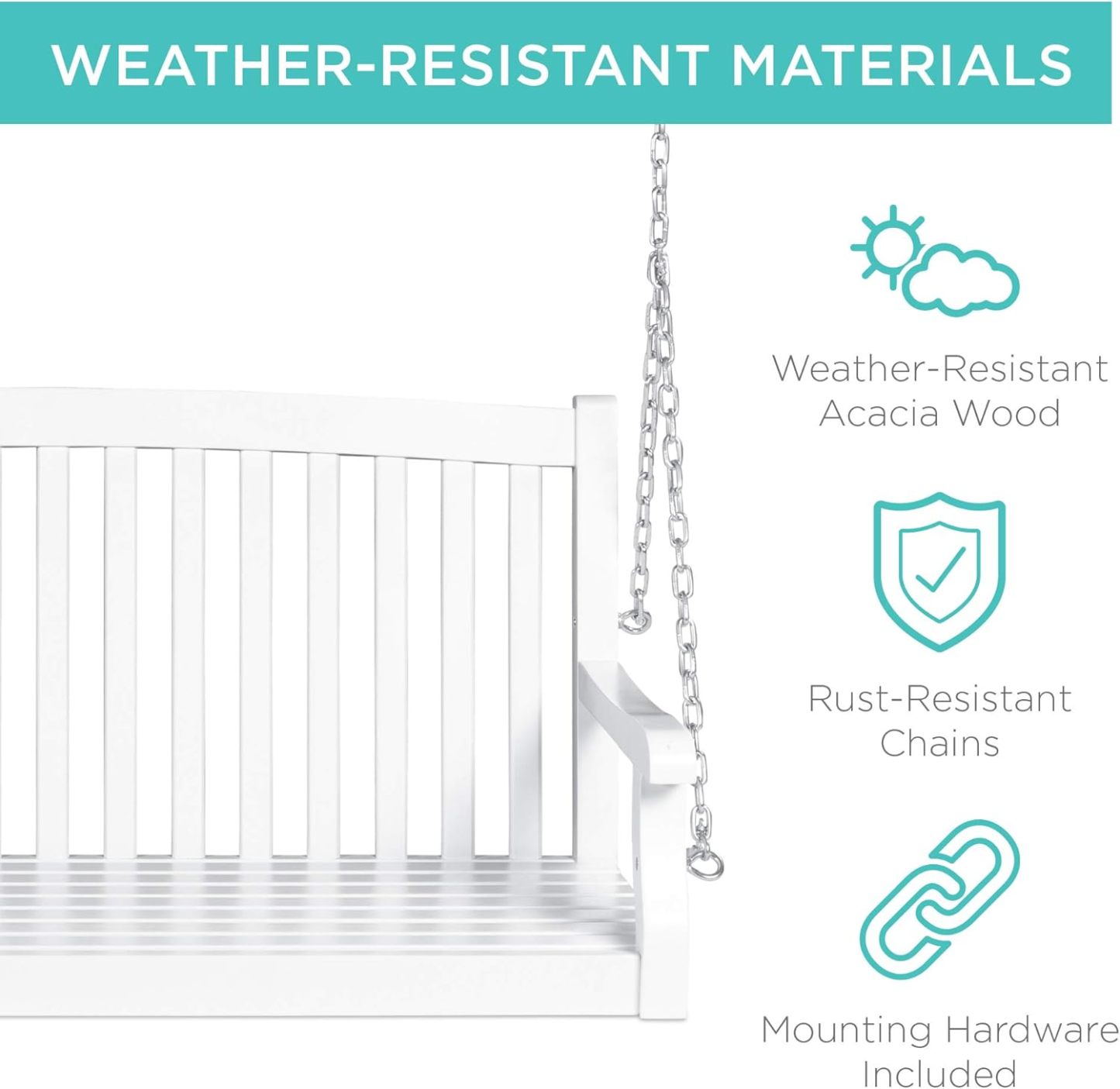 48in Wood Porch Swing Outdoor Patio Hanging Bench Chair Furniture for Deck, Garden, Yard w/Mounting Chains, Curved Back Design, 500lb Weight Capacity - White