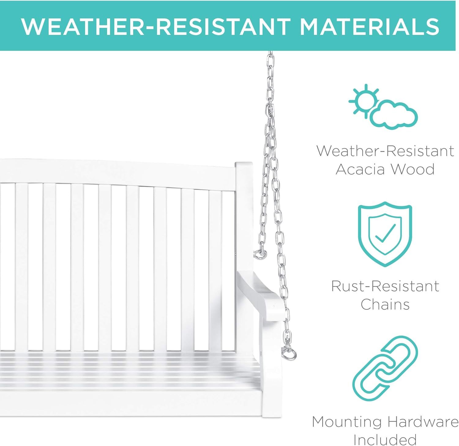 48in Wood Porch Swing Outdoor Patio Hanging Bench Chair Furniture for Deck, Garden, Yard w/Mounting Chains, Curved Back Design, 500lb Weight Capacity - White