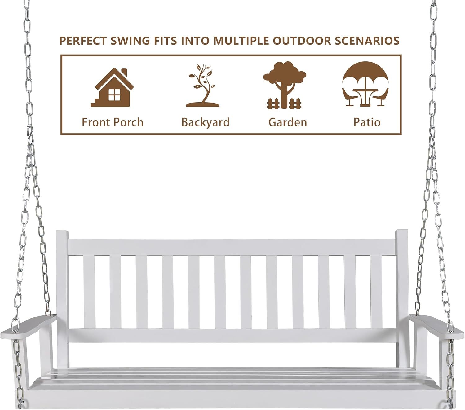 Outdoor Patio Hanging Wooden Porch Swing 5FT with Chains, 3-Person Heavy Duty Swing Bench for Garden and Backyard, White