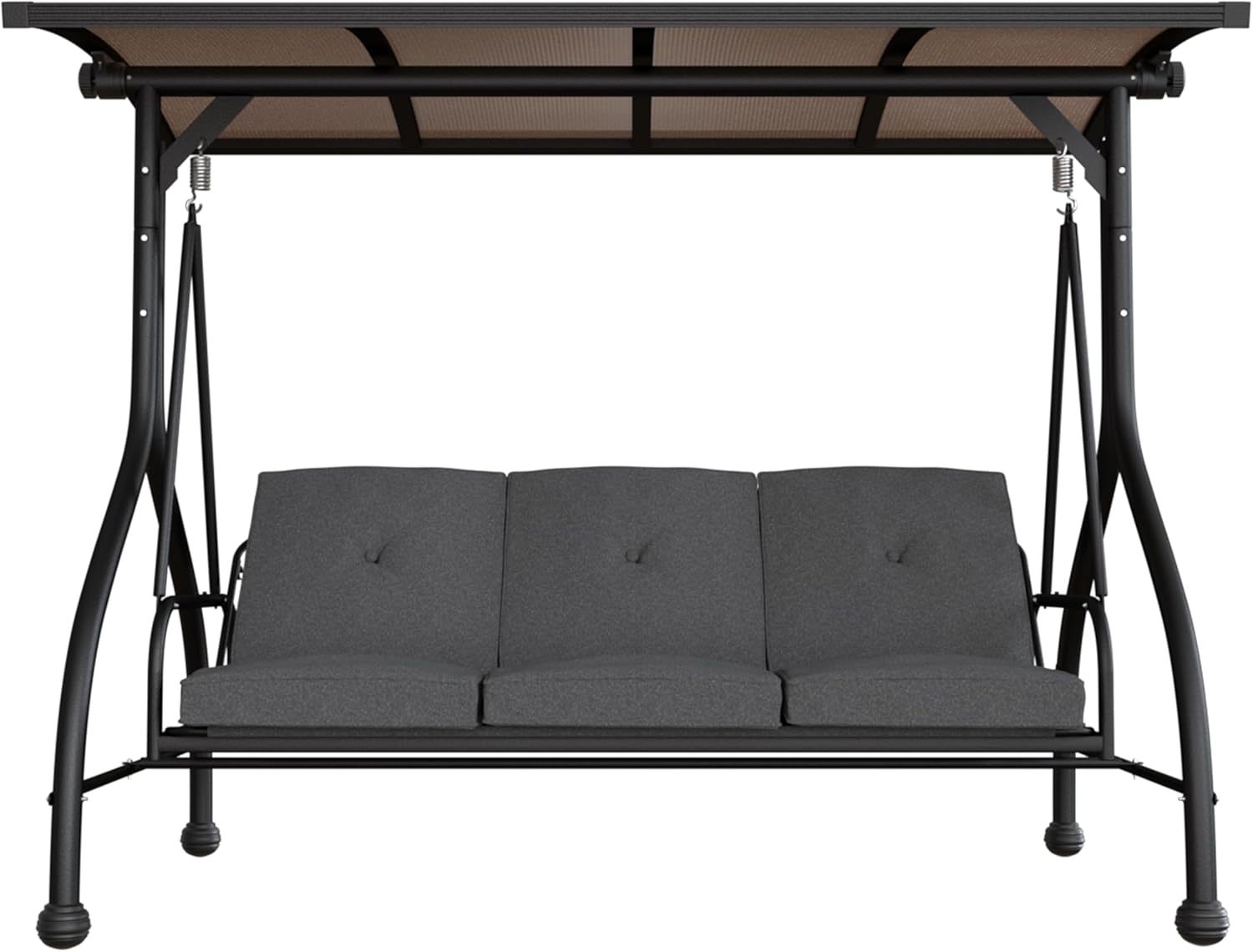 3-Seat Porch Swing,Outdoor Patio Swing with Adjustable PVC Hardtop Canopy, 2-in-1 Swing Chair Bench with Cushion for Backyard, Garden, Lawn, Grey