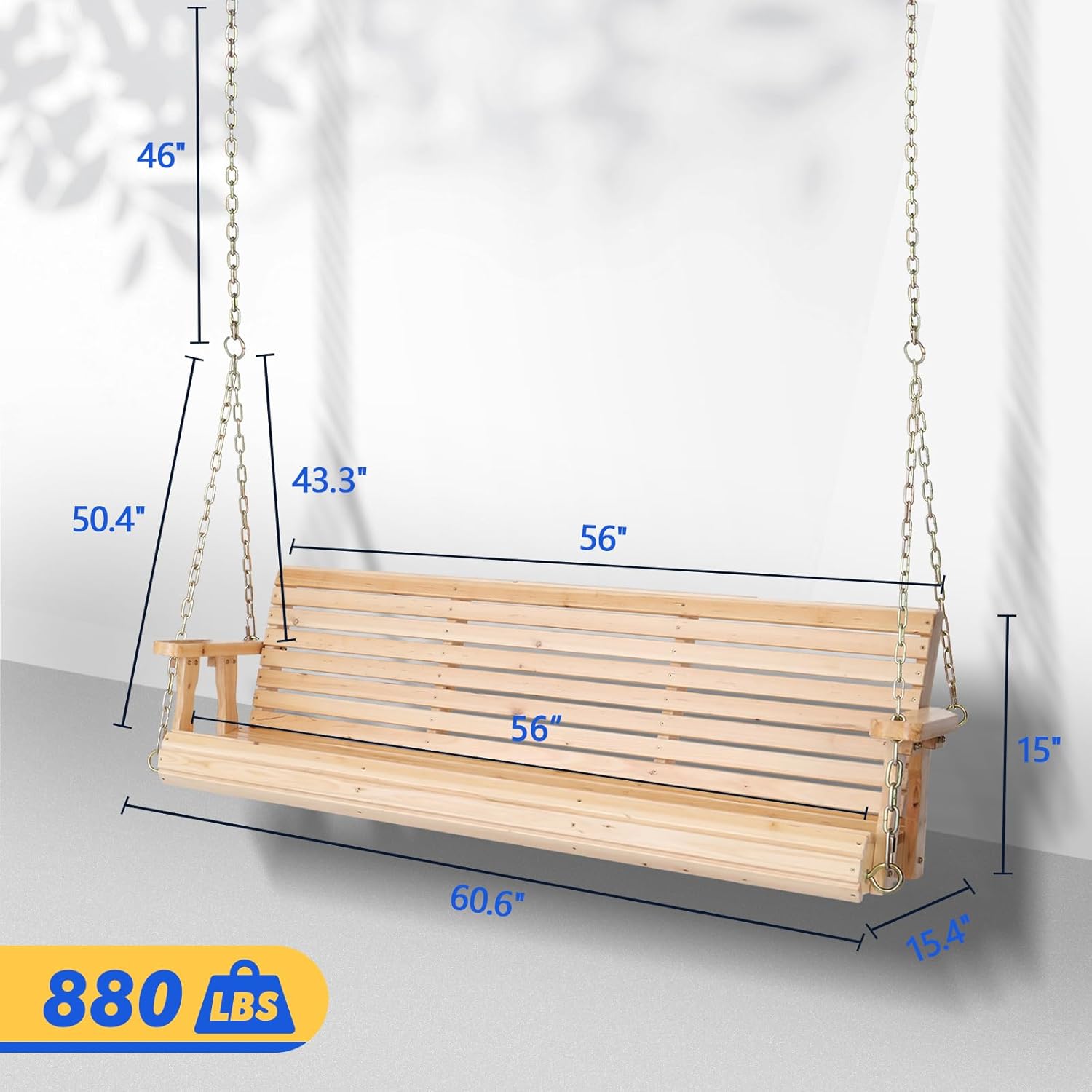 Upgraded Patio Wooden Porch Swing for Courtyard & Garden, Heavy Duty 880 LBS Swing Chair Bench with Hanging Chains for Outdoors