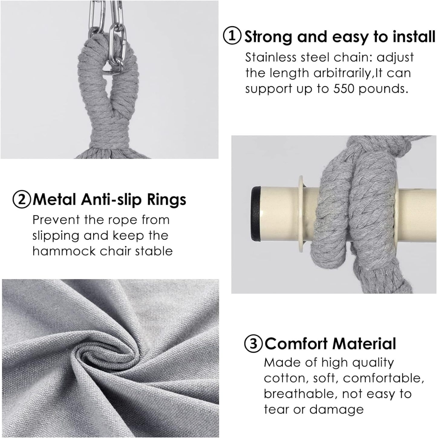 Hammock Chair Hanging Rope Swing, Max 500 Lbs