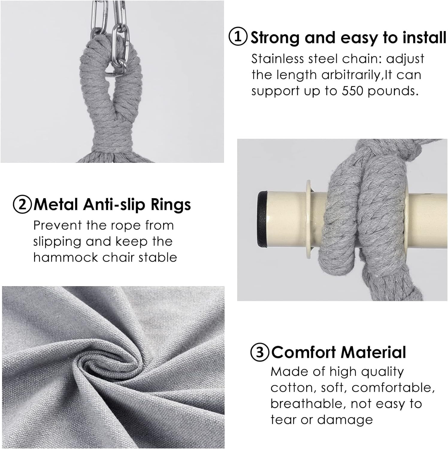 Hammock Chair Hanging Rope Swing, Max 500 Lbs