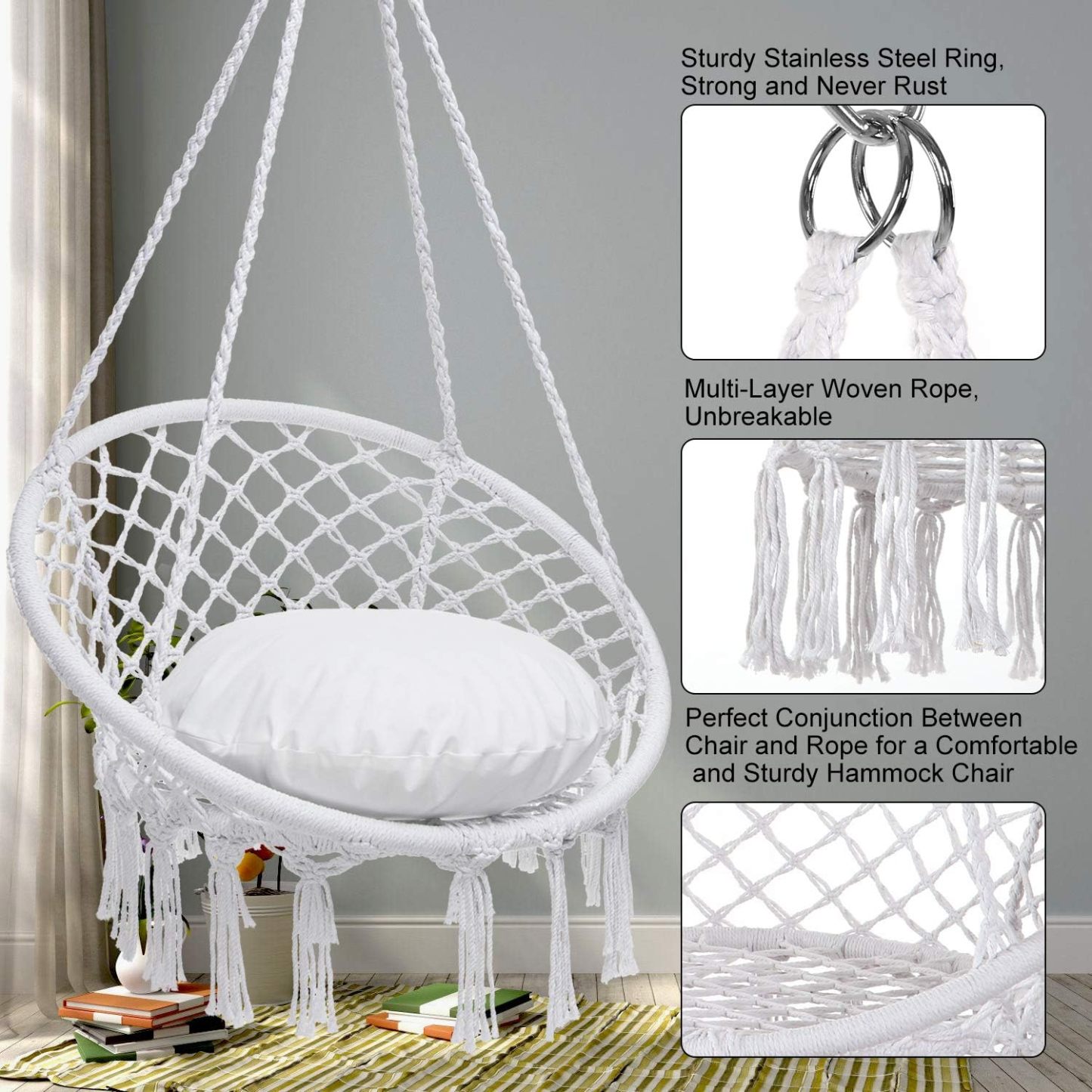 Hammock Chair Macrame Swing, Hanging Cotton Rope Swing Chair