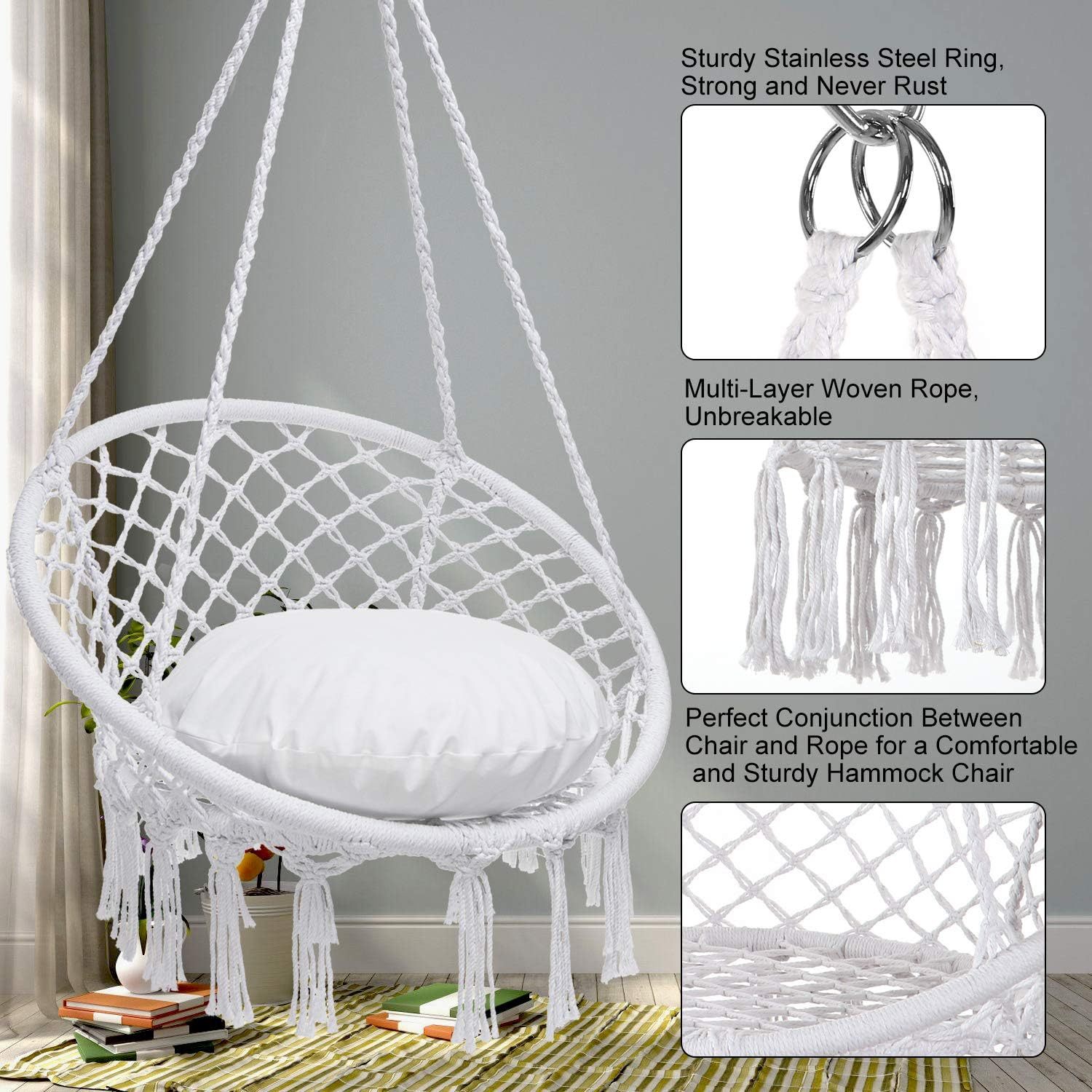 Hammock Chair Macrame Swing, Hanging Cotton Rope Swing Chair