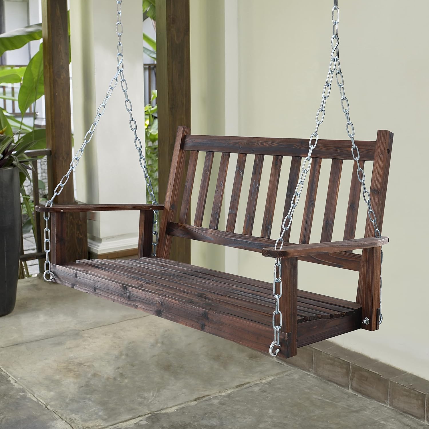 Outdoor Patio Hanging Wooden Porch Swing 4FT with Chains, 2-Person Heavy Duty Swing Bench for Garden and Backyard, Rustic