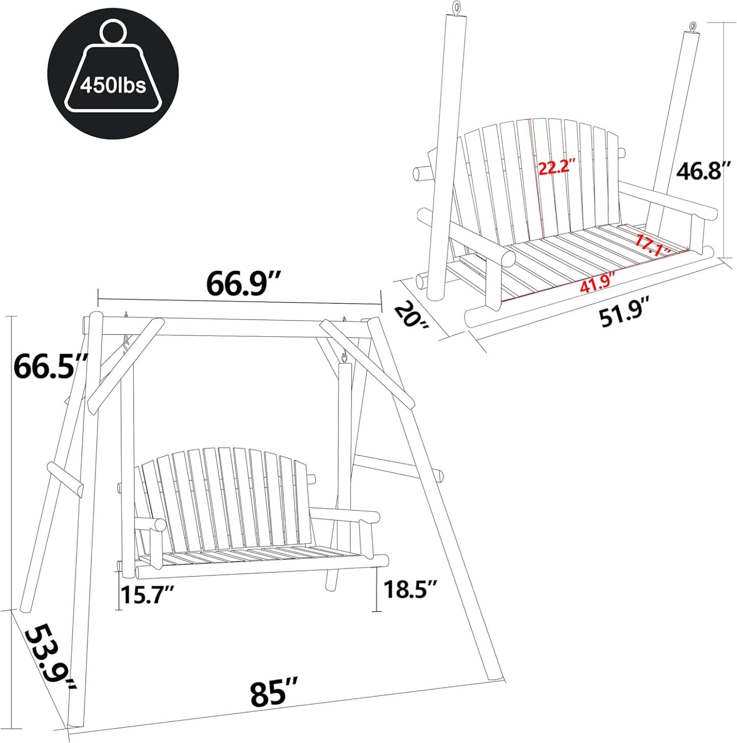 Wooden Patio Porch Swing Glider Outdoor with A-Frame Stand, 2 Person Wood Log Porch Swing Bench Chair with Curved Back for Outside Yard, Garden, Deck and Poolside, Natural Wood