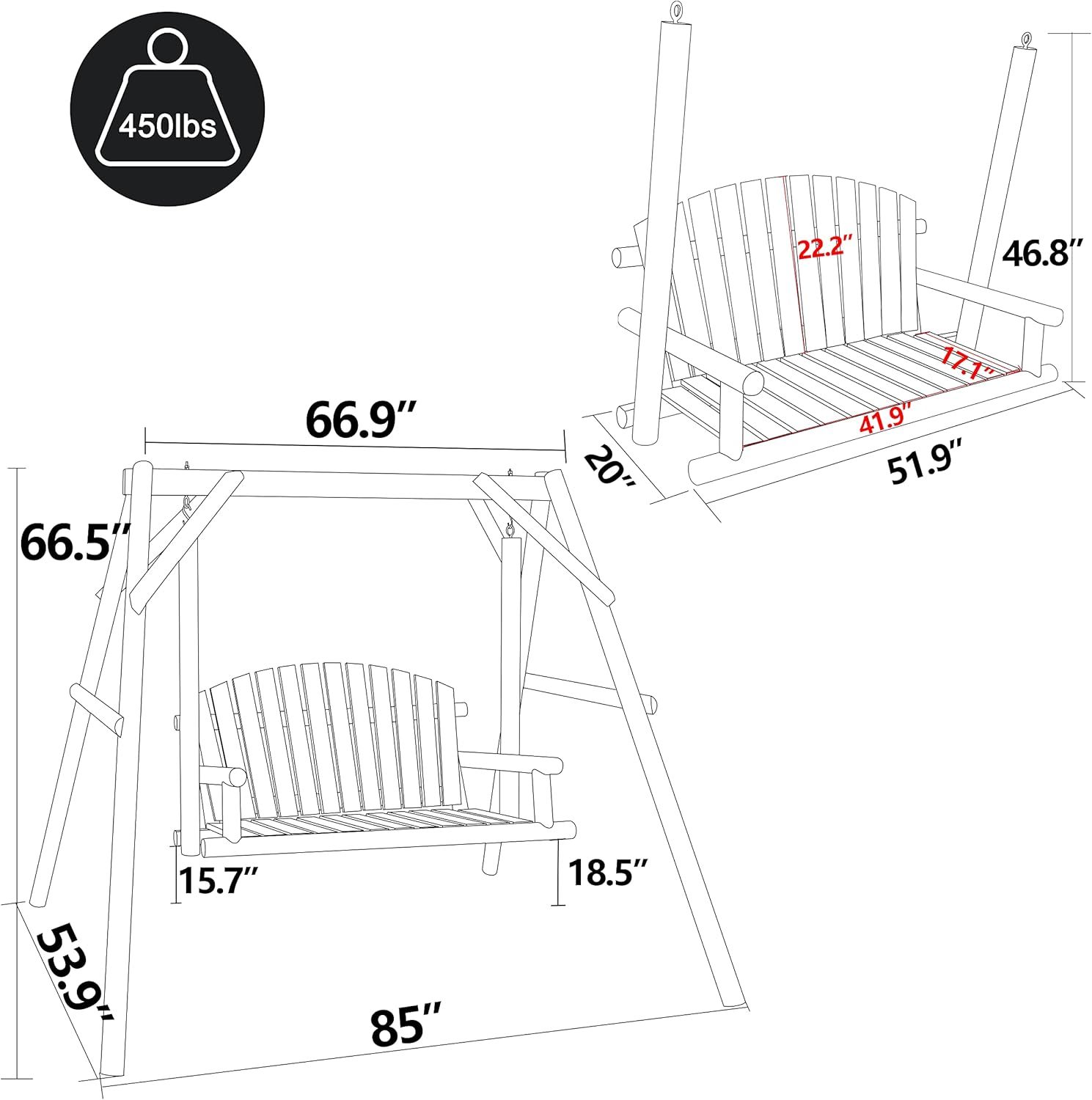 Wooden Patio Porch Swing Glider Outdoor with A-Frame Stand, 2 Person Wood Log Porch Swing Bench Chair with Curved Back for Outside Yard, Garden, Deck and Poolside, Natural Wood