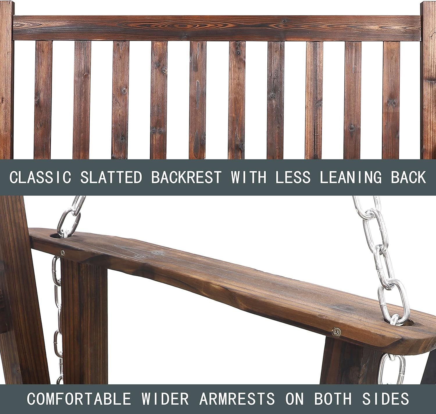 Outdoor Patio Hanging Wooden Porch Swing 4FT with Chains, 2-Person Heavy Duty Swing Bench for Garden and Backyard, Rustic