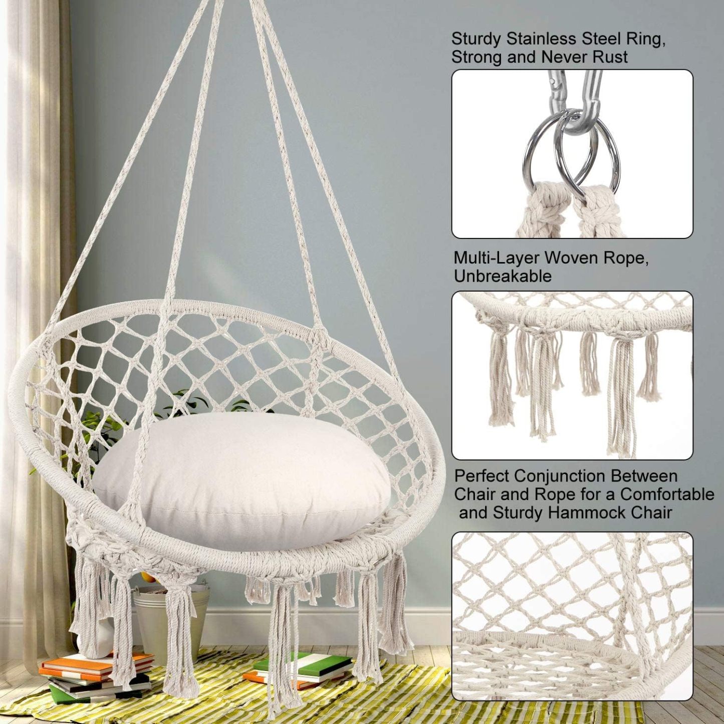 Hammock Chair Macrame Swing, Max 330 Lbs
