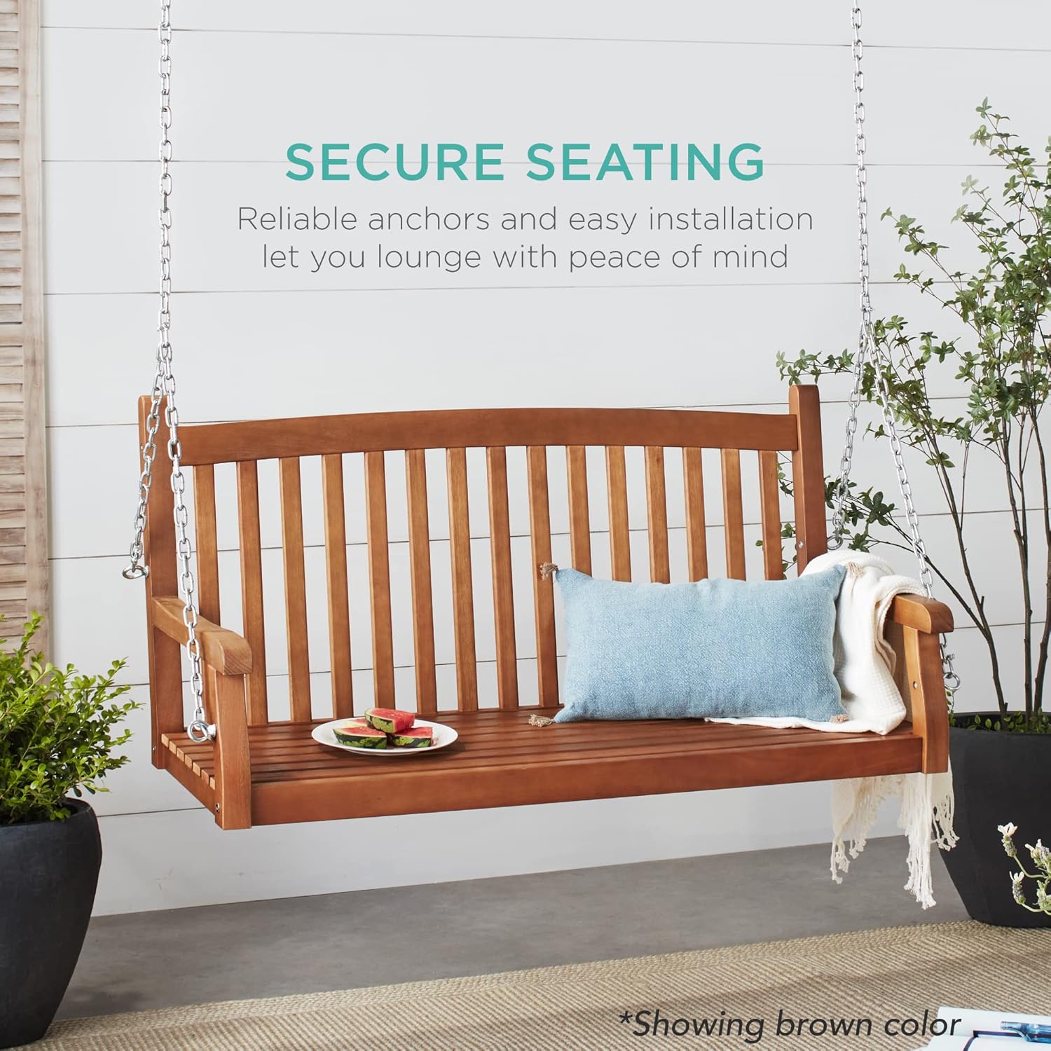 48in Wood Porch Swing Outdoor Patio Hanging Bench Chair Furniture for Deck, Garden, Yard w/Mounting Chains, Curved Back Design, 500lb Weight Capacity - White