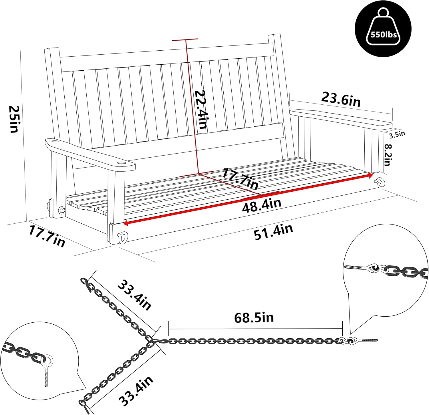 Outdoor Patio Hanging Wooden Porch Swing 4FT with Chains, 2-Person Heavy Duty Swing Bench for Garden and Backyard, Wood Brown