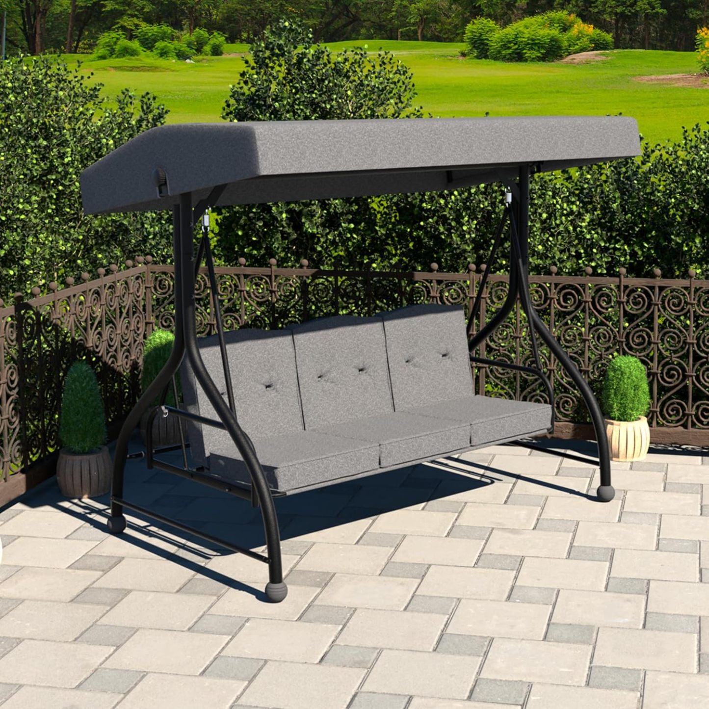 2-in-1 Patio Porch Swing Chair, 3-Seat Outdoor Canopy Swing Glider with Stand and Cushion for Outside, Backyard, Grey