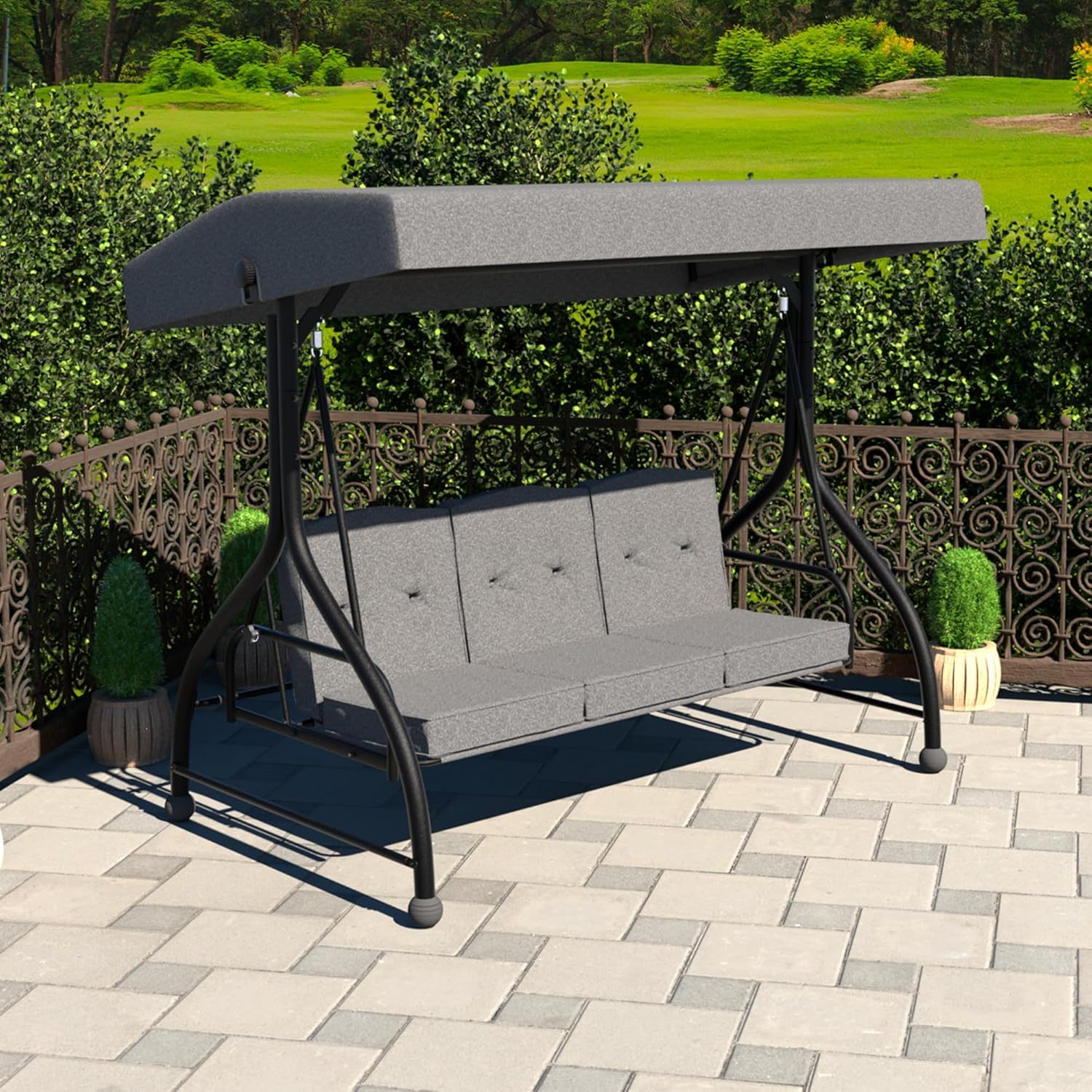 2-in-1 Patio Porch Swing Chair, 3-Seat Outdoor Canopy Swing Glider with Stand and Cushion for Outside, Backyard, Grey