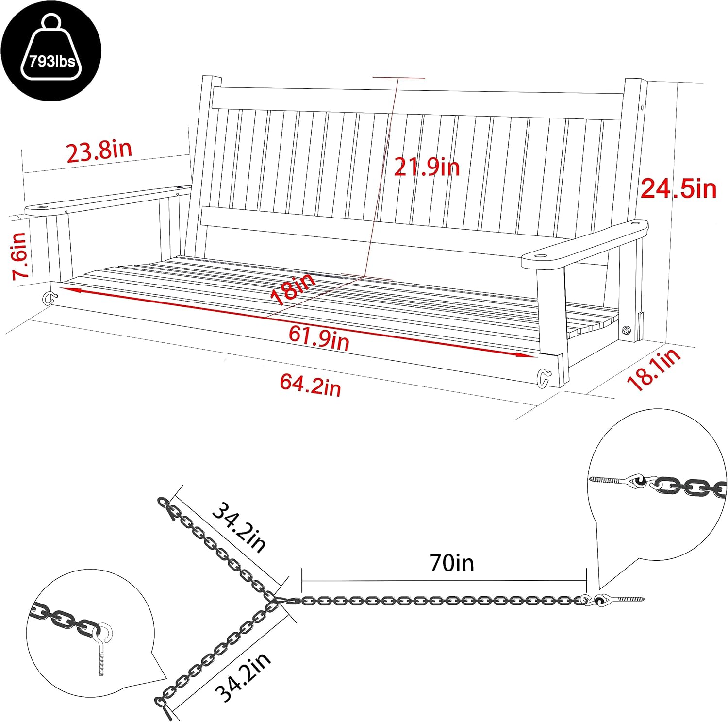 Outdoor Patio Hanging Wooden Porch Swing 5FT with Chains, 3-Person Heavy Duty Swing Bench for Garden and Backyard, White