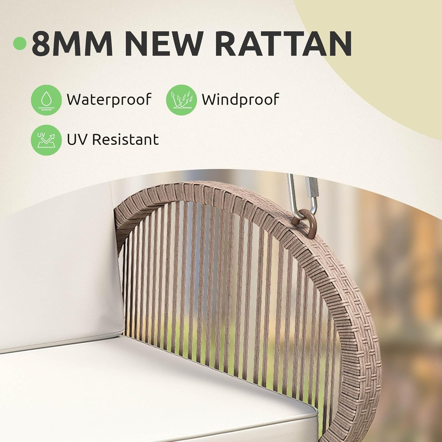 3-Person Wicker Porch Swing with Cushions, Outdoor Hanging Swing Chair with Oval Armrests, Iron Frame, 800lbs Capacity for Patio, Garden, Balcony