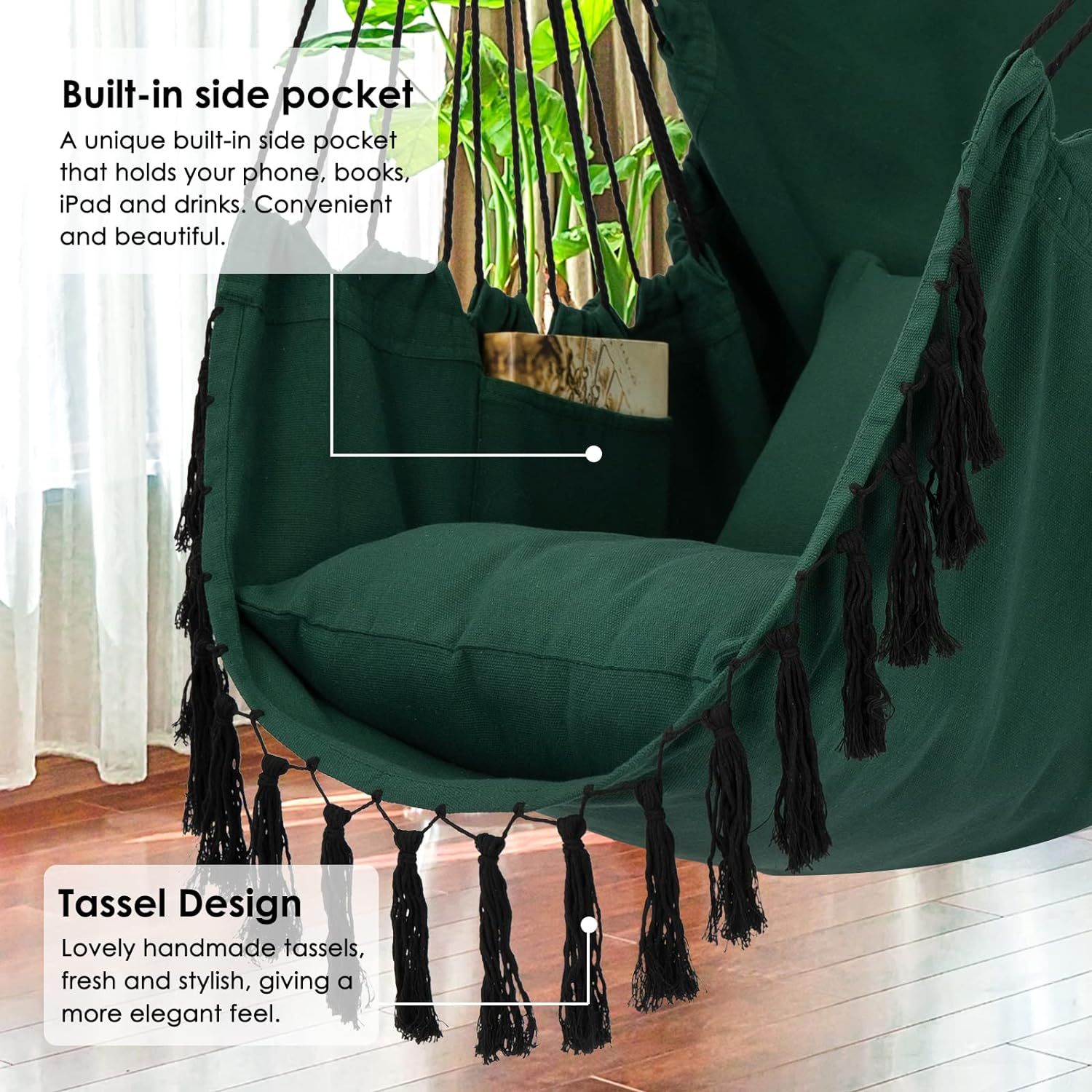 Hammock Chair Hanging Rope Swing, Max 500 Lbs