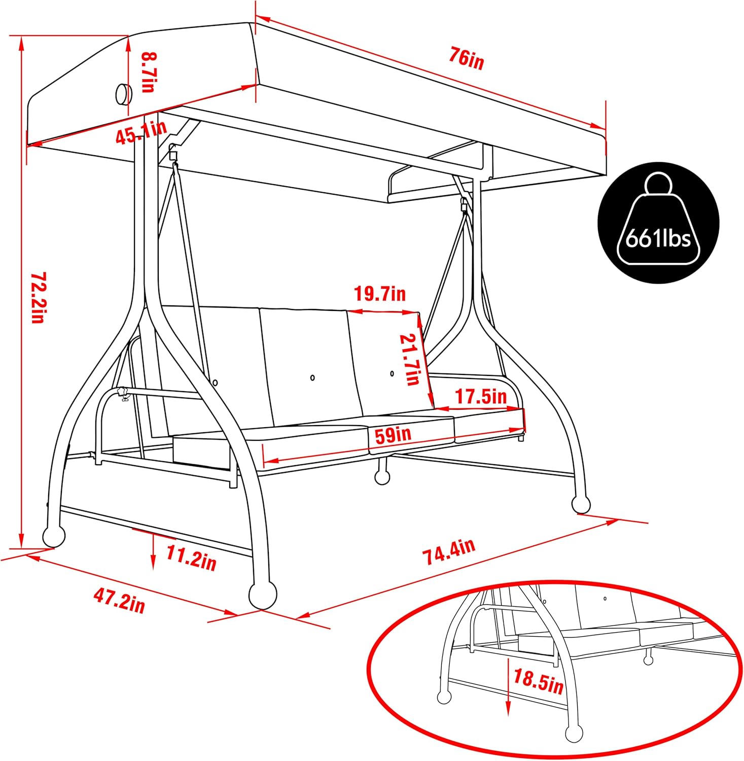 2-in-1 Patio Porch Swing Chair, 3-Seat Outdoor Canopy Swing Glider with Stand and Cushion for Outside, Backyard, Grey