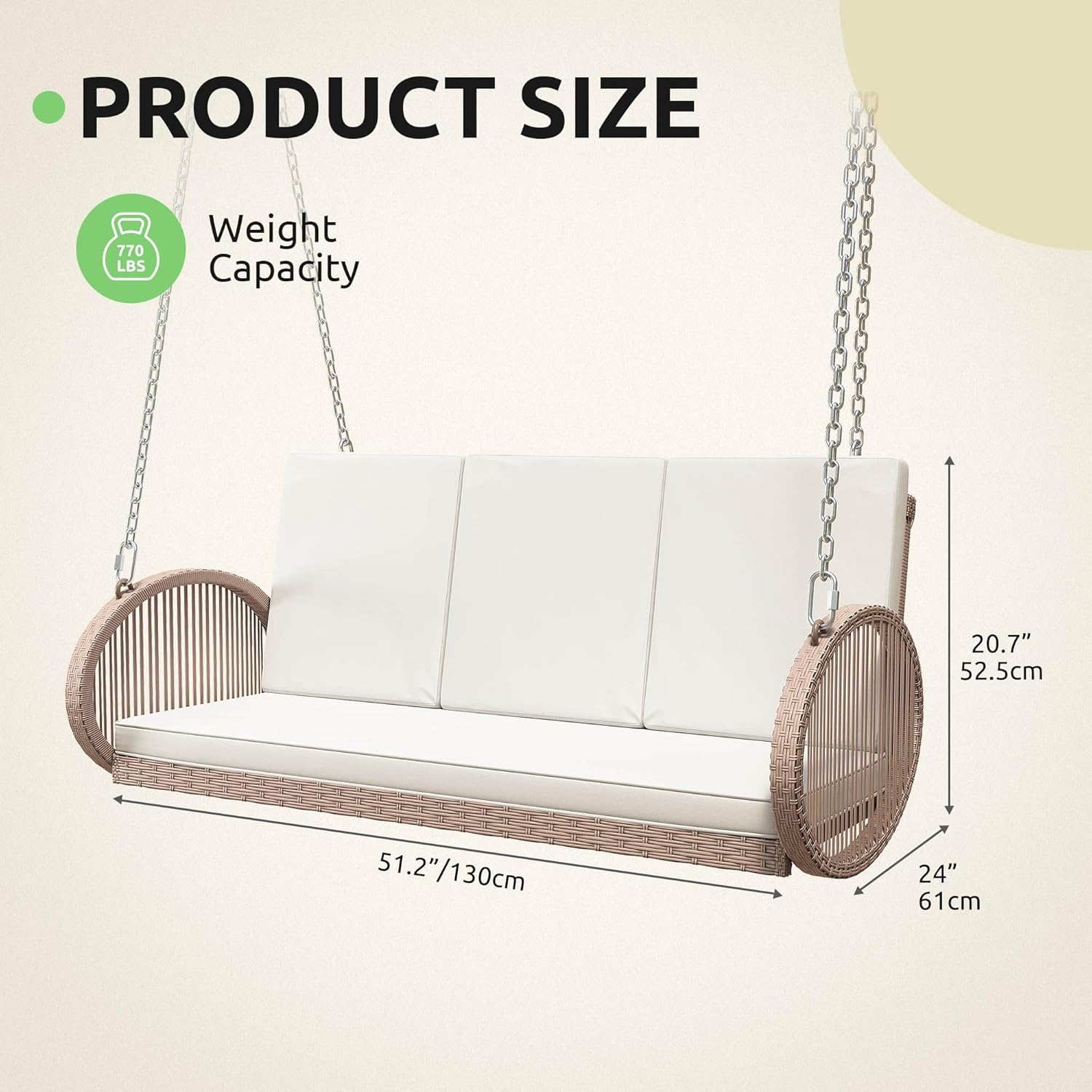 3-Person Wicker Porch Swing with Cushions, Outdoor Hanging Swing Chair with Oval Armrests, Iron Frame, 800lbs Capacity for Patio, Garden, Balcony