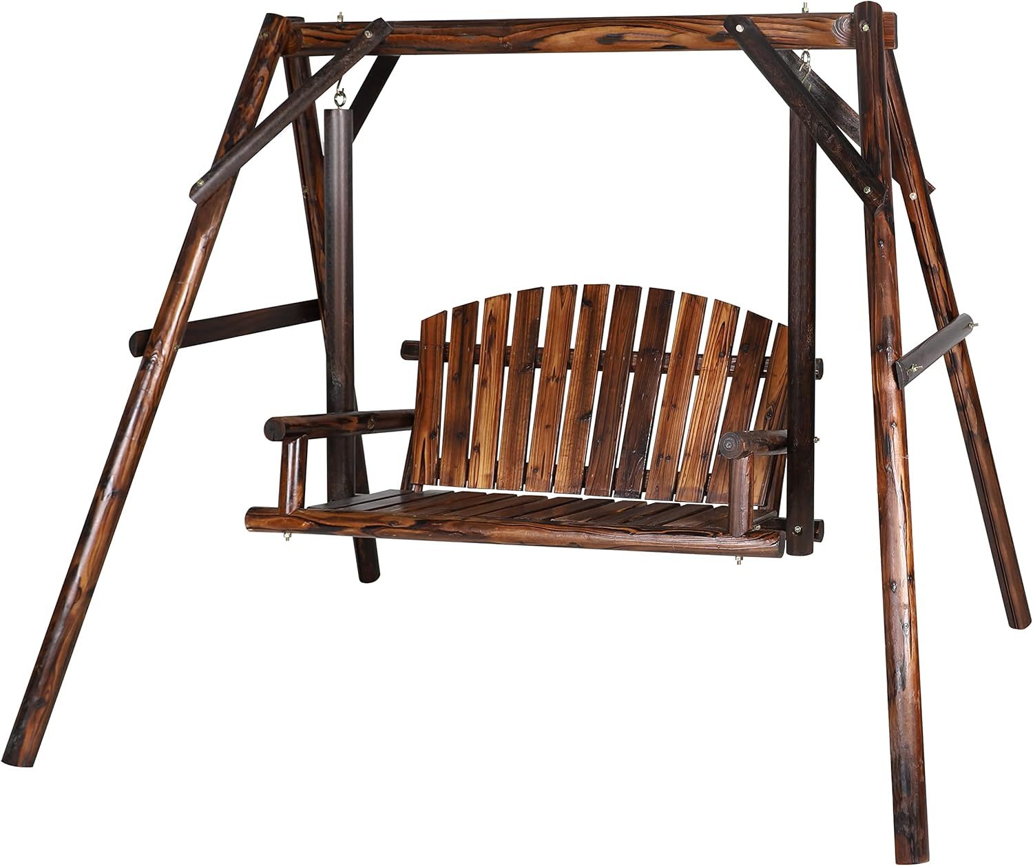 Wooden Patio Porch Swing Glider Outdoor with A-Frame Stand, 2 Person Wood Log Porch Swing Bench Chair with Curved Back for Outside Yard, Garden, Deck and Poolside, Rustic