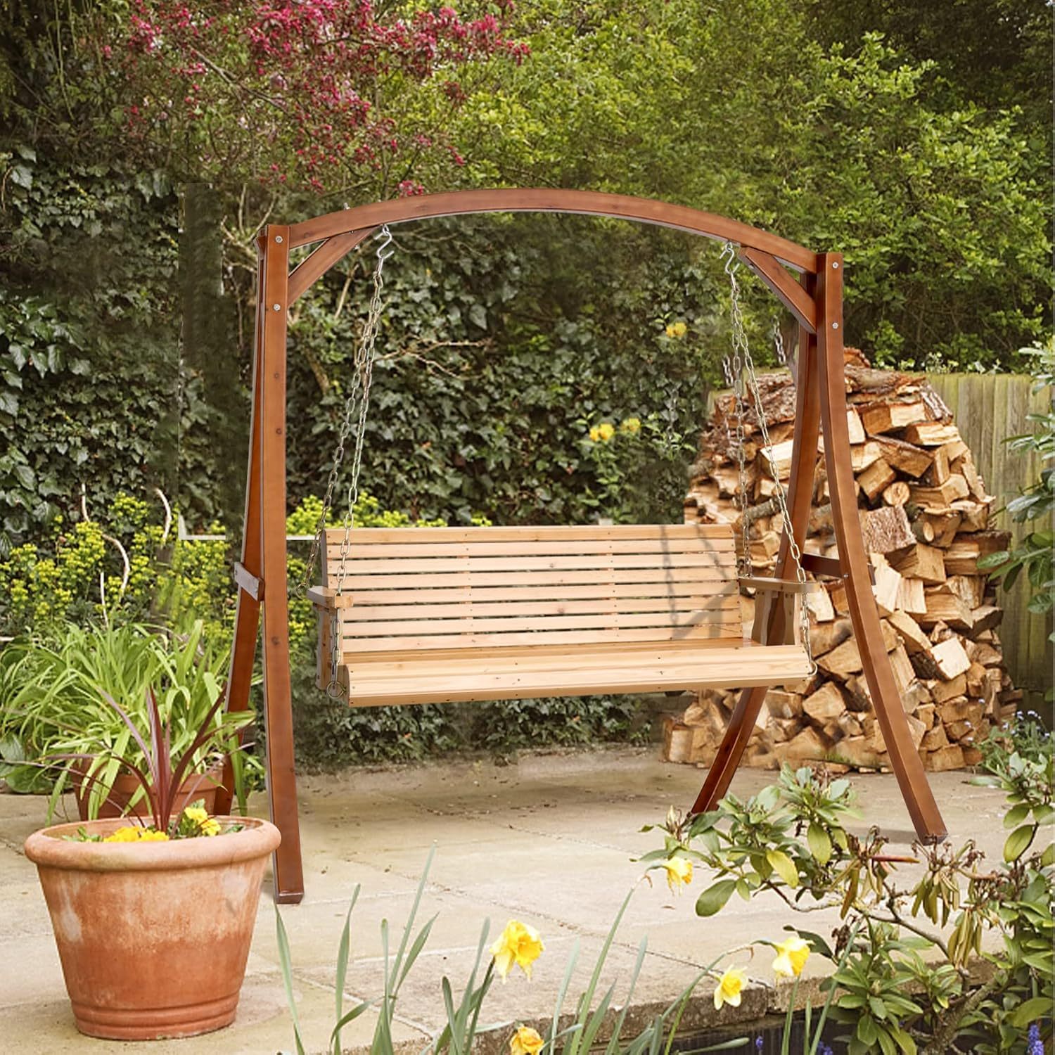 Upgraded Patio Wooden Porch Swing for Courtyard & Garden, Heavy Duty 880 LBS Swing Chair Bench with Hanging Chains for Outdoors