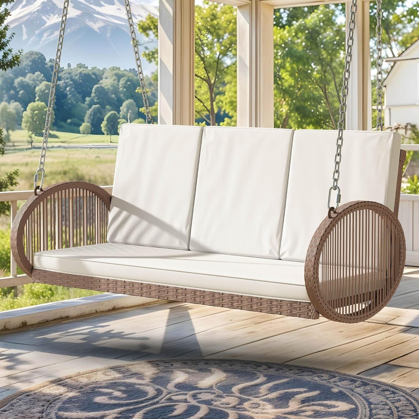 3-Person Wicker Porch Swing with Cushions, Outdoor Hanging Swing Chair with Oval Armrests, Iron Frame, 800lbs Capacity for Patio, Garden, Balcony