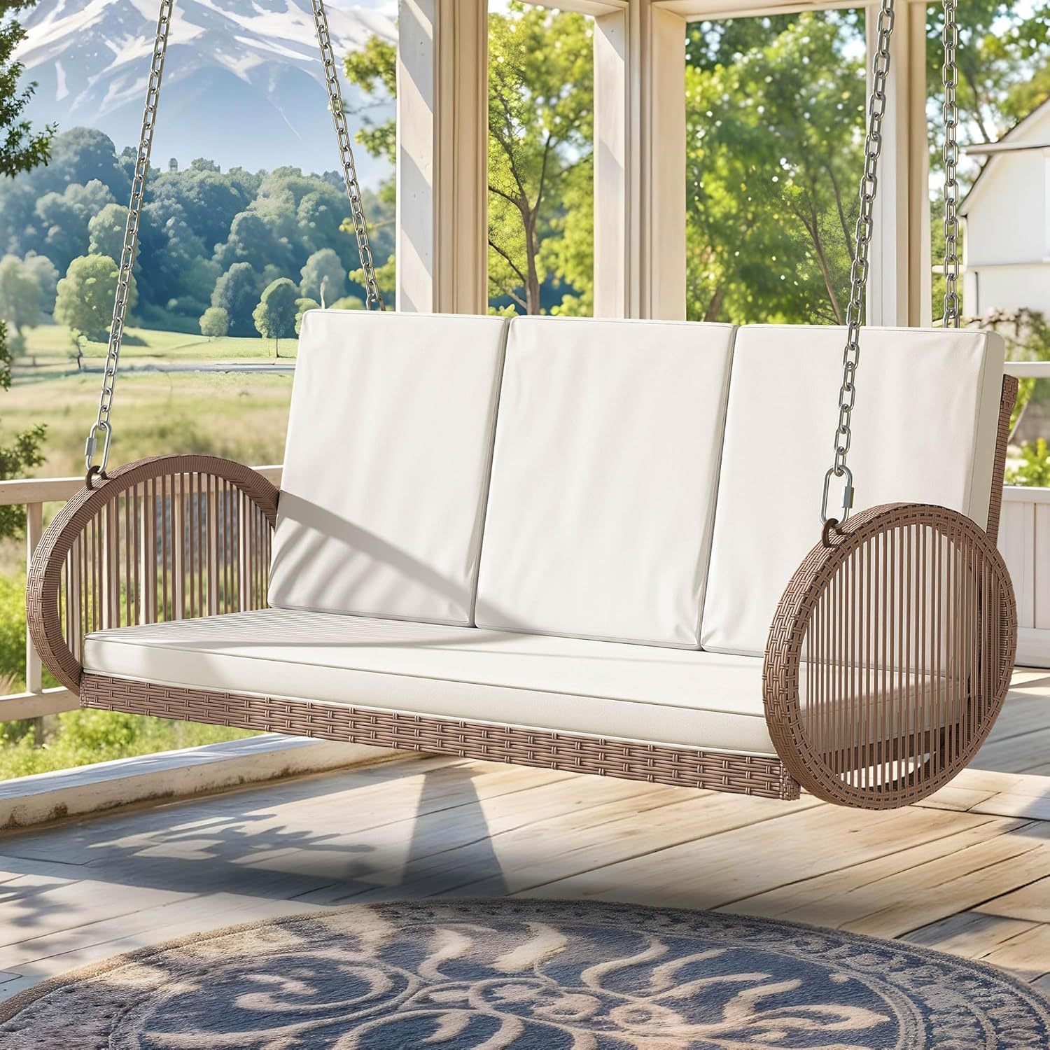 3-Person Wicker Porch Swing with Cushions, Outdoor Hanging Swing Chair with Oval Armrests, Iron Frame, 800lbs Capacity for Patio, Garden, Balcony
