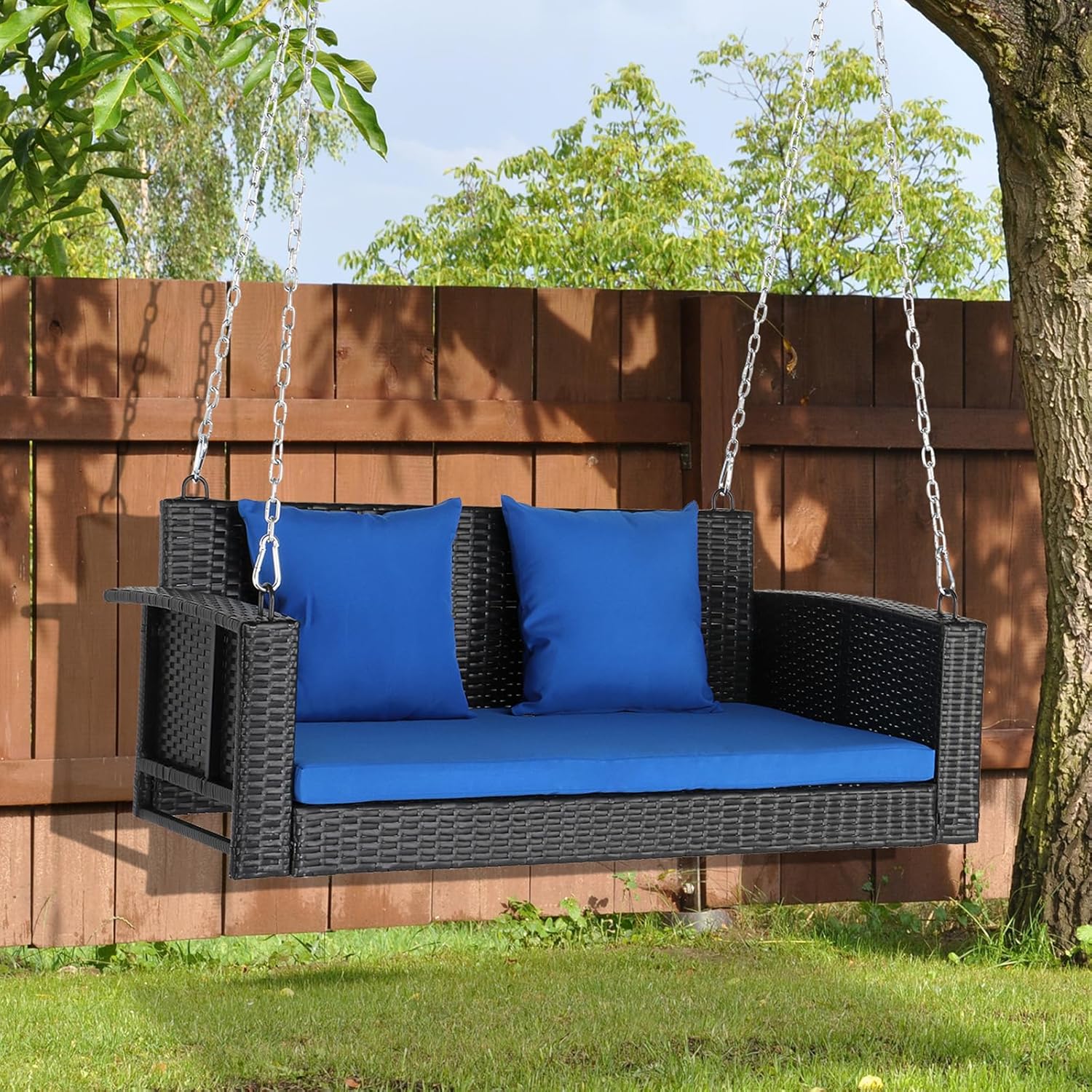 4FT 2-Seat Outdoor Rattan Wicker Porch Swing Chair with 2 Blue Cushions, Pillow, and Adjustable Chains, Hanging Bench for Patio, Yard, Garden, Balcony, Deck Holds Up to 800 lbs