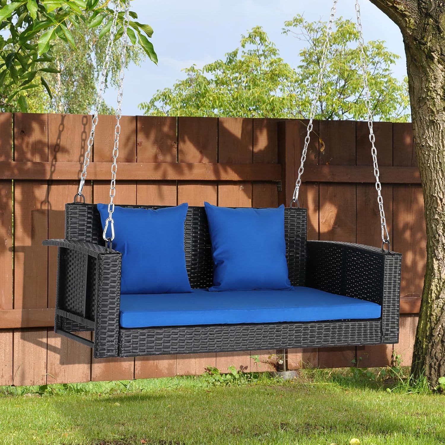 4FT 2-Seat Outdoor Rattan Wicker Porch Swing Chair with 2 Blue Cushions, Pillow, and Adjustable Chains, Hanging Bench for Patio, Yard, Garden, Balcony, Deck Holds Up to 800 lbs