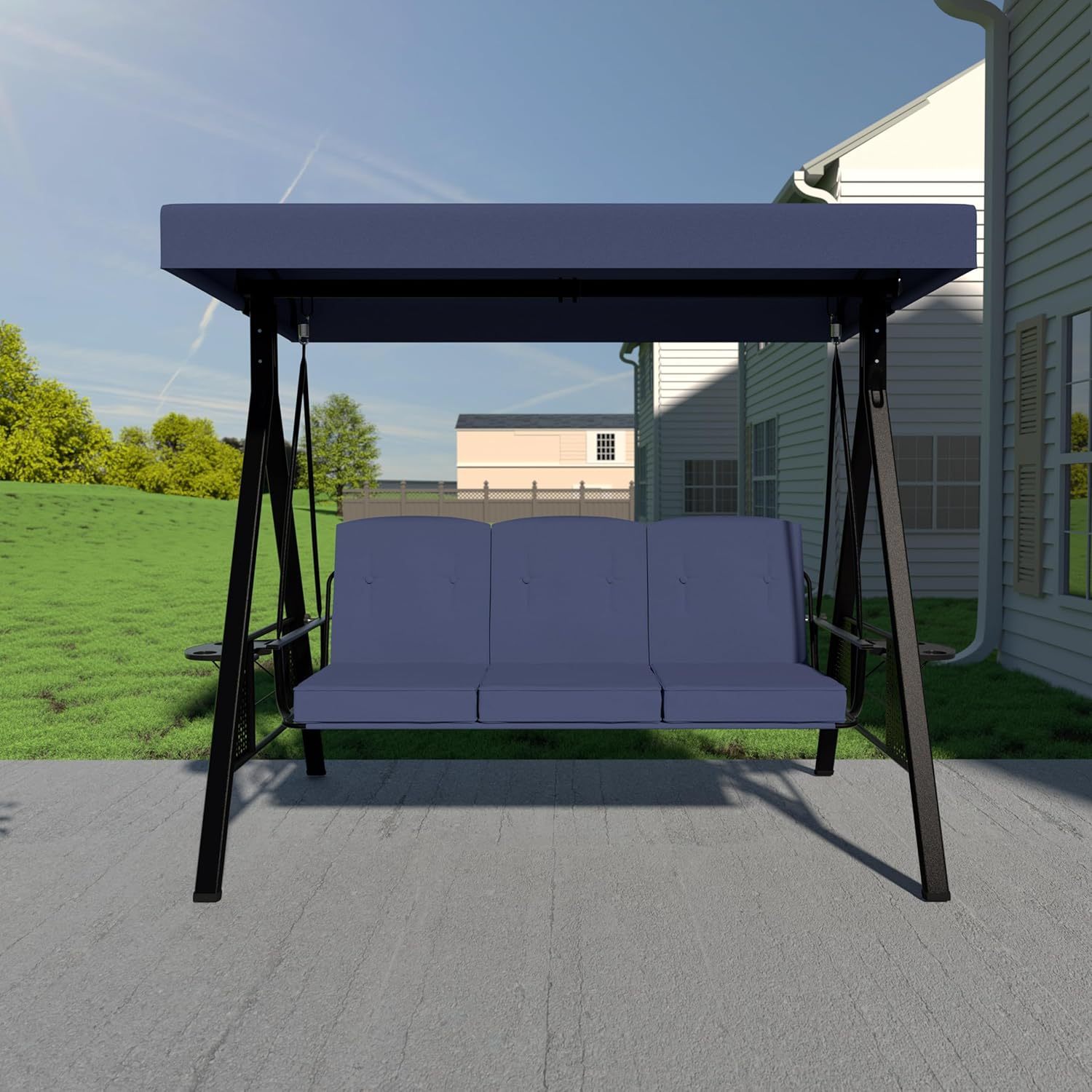 2-in-1 Swing Chair for Outside, Patio Porch Swing Chair, 3-Seat Outdoor Canopy Swing Glider with Stand and Cushion for Patio, Backyard and Deck