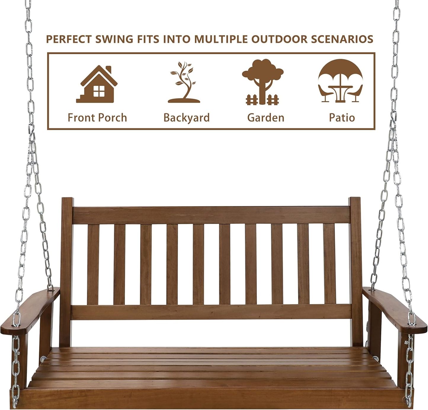 Outdoor Patio Hanging Wooden Porch Swing 4FT with Chains, 2-Person Heavy Duty Swing Bench for Garden and Backyard, Wood Brown