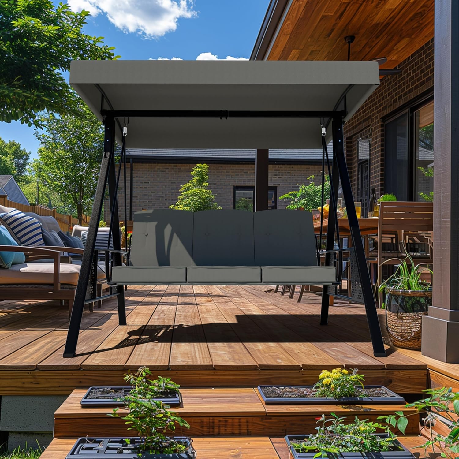 Patio Porch Swing Chair, 3-Seat Outdoor Canopy Swing Glider with Stand and Cushion,Patio 2-in-1 Swing Chair for Outside, Backyard and Deck