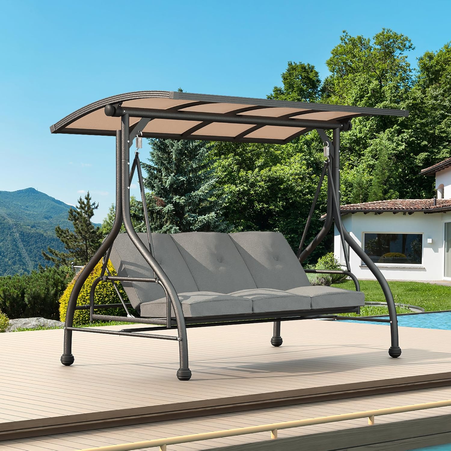 3-Seat Porch Swing,Outdoor Patio Swing with Adjustable PVC Hardtop Canopy, 2-in-1 Swing Chair Bench with Cushion for Backyard, Garden, Lawn, Grey